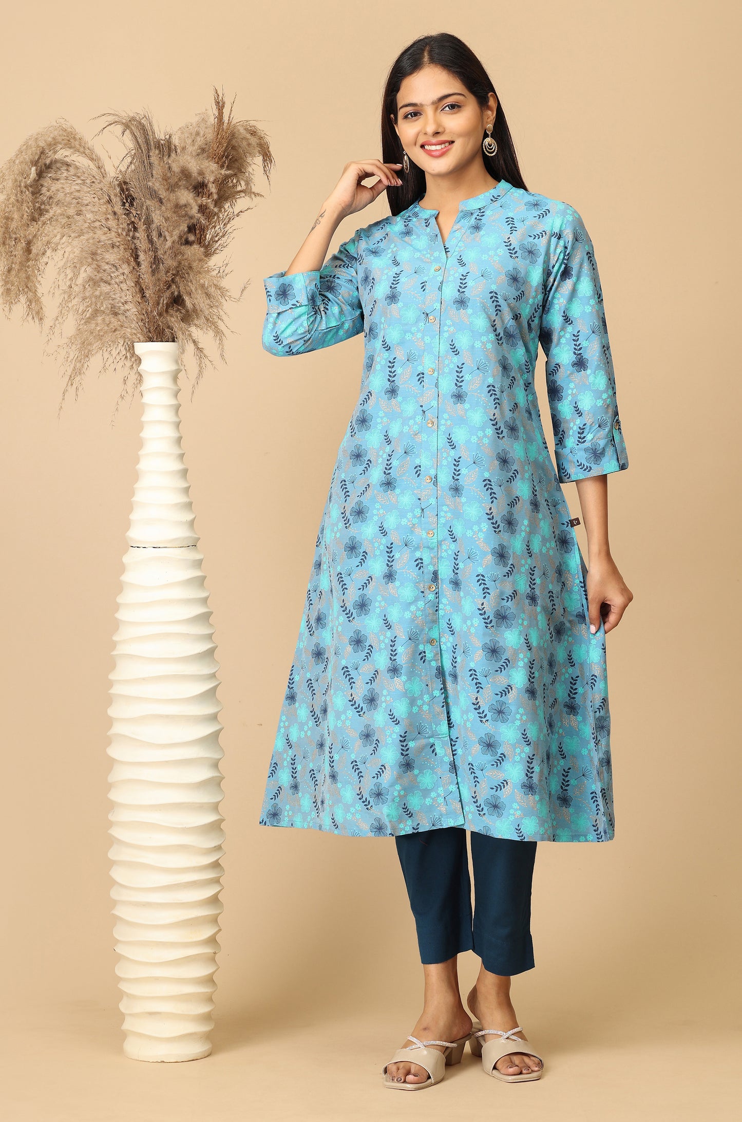 Blue Slub Silk Printed A-Line Kurti