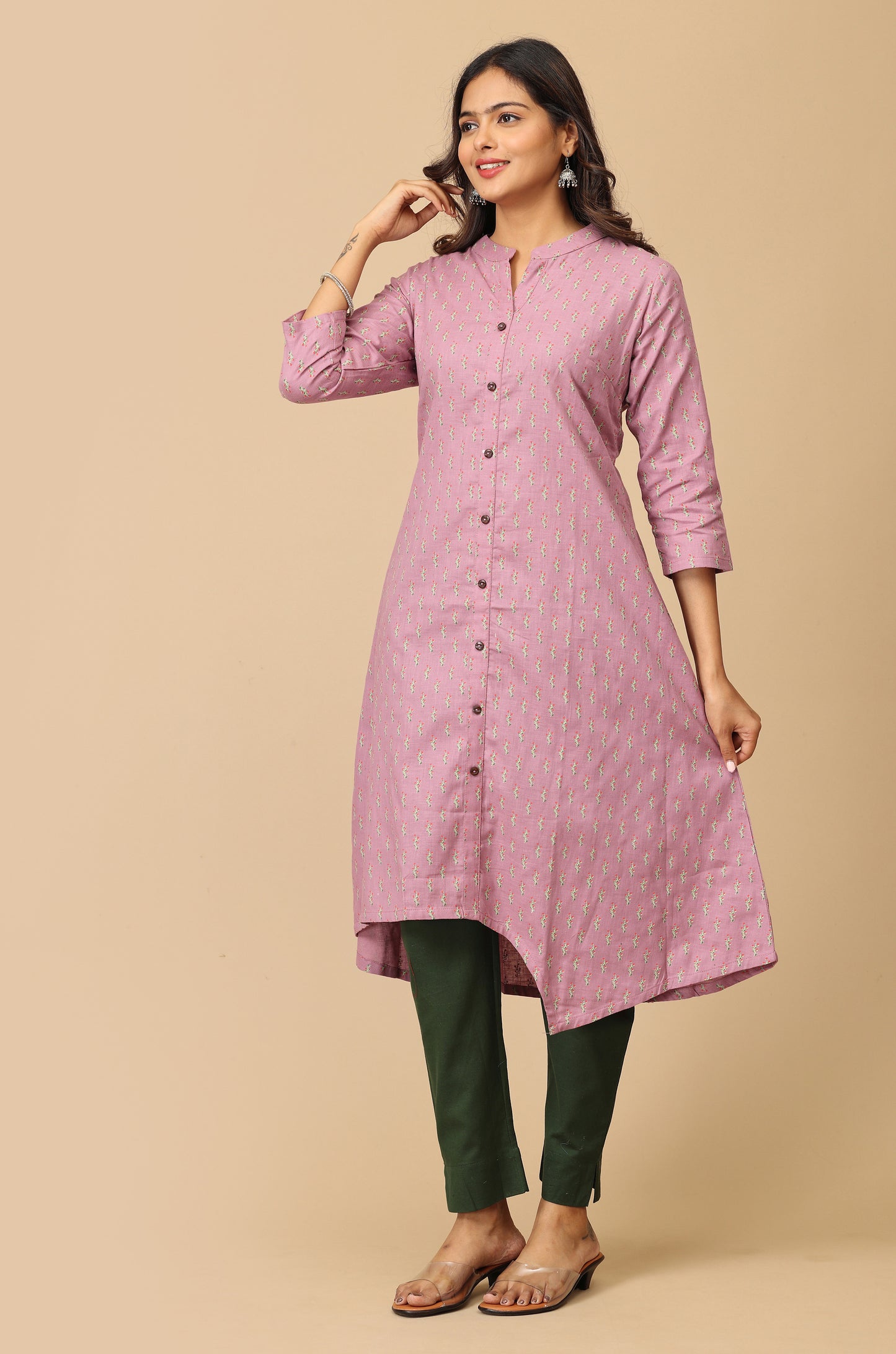 Mauve All Over Print Asymmetric A Line Kurta
