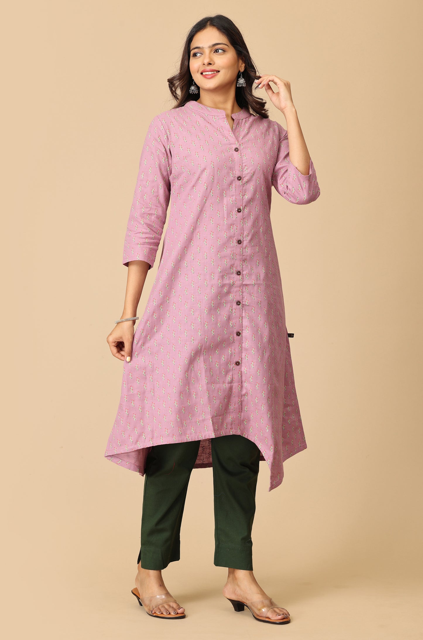 Mauve All Over Print Asymmetric A Line Kurta