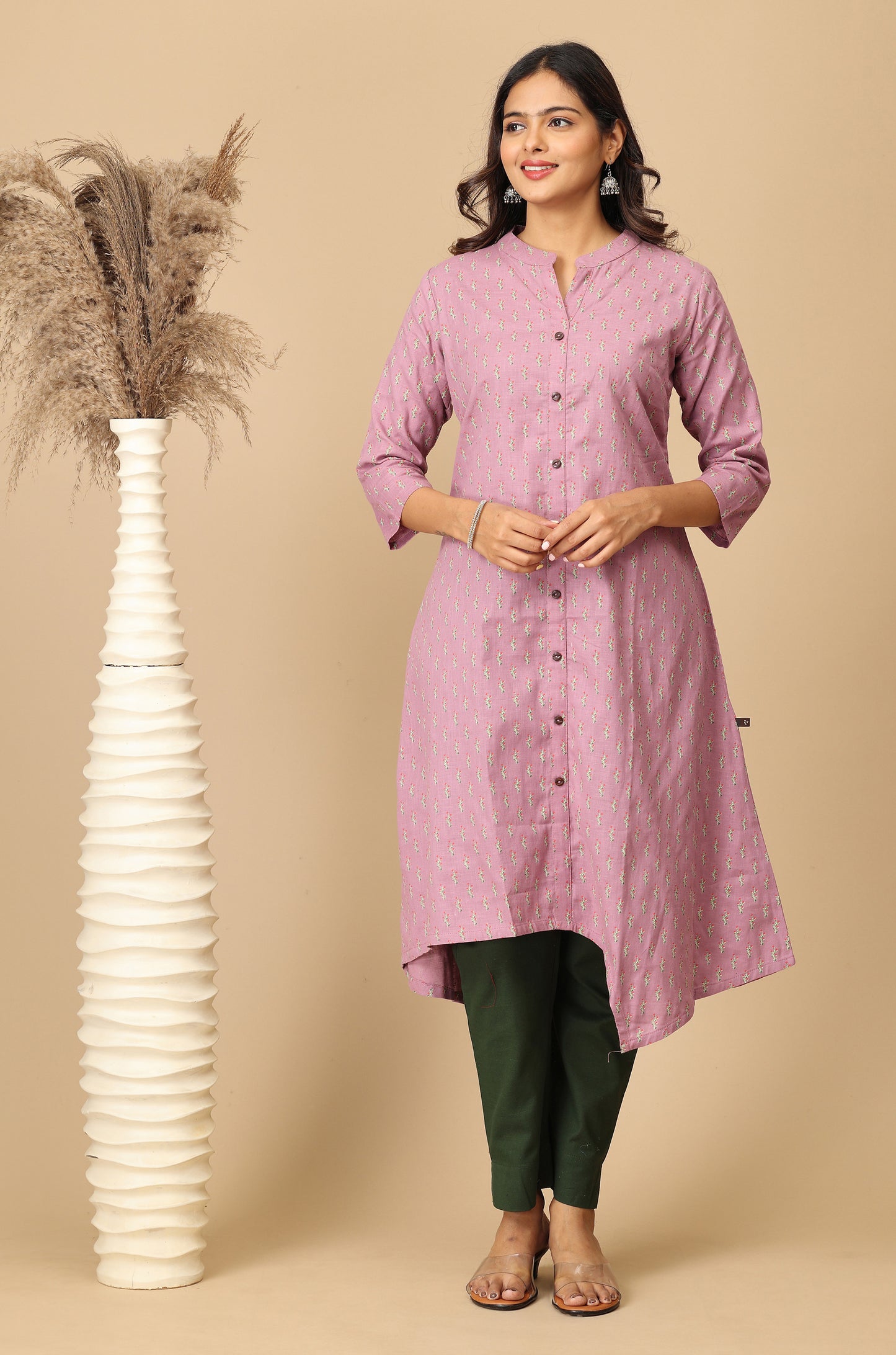 Mauve All Over Print Asymmetric A Line Kurta