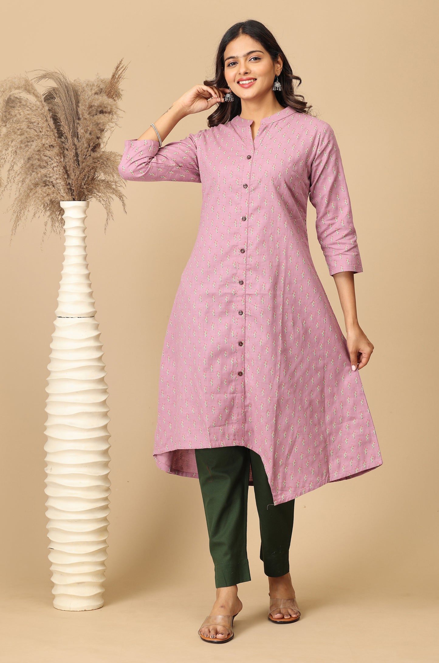 Mauve All Over Print Asymmetric A Line Kurta