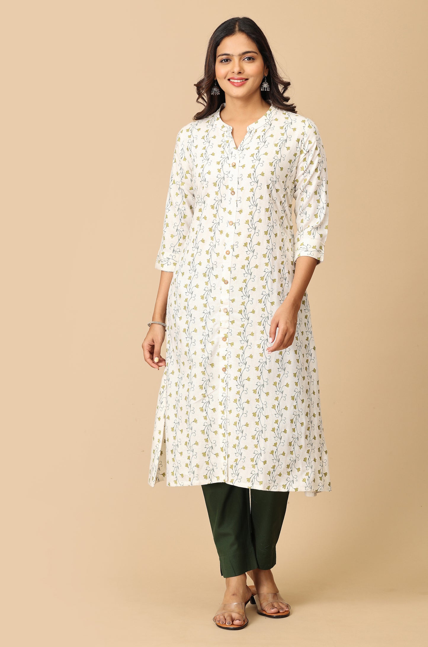 Off White Viscose A-Line Printed Kurti