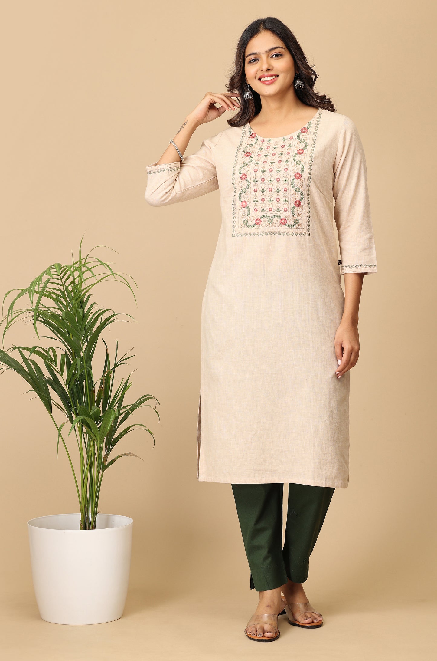 Beige Khadi Embroidery Kurti