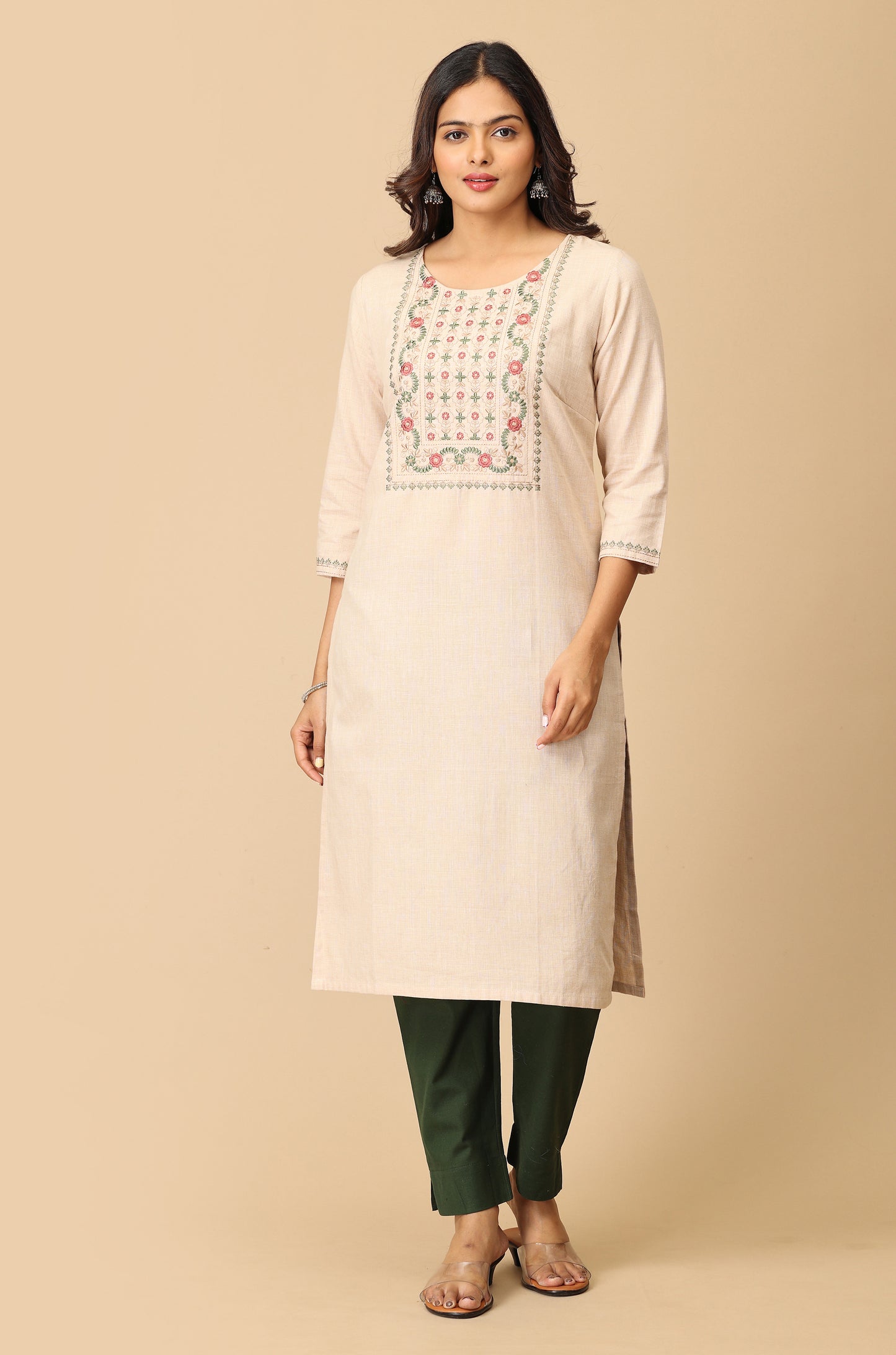 Beige Khadi Embroidery Kurti