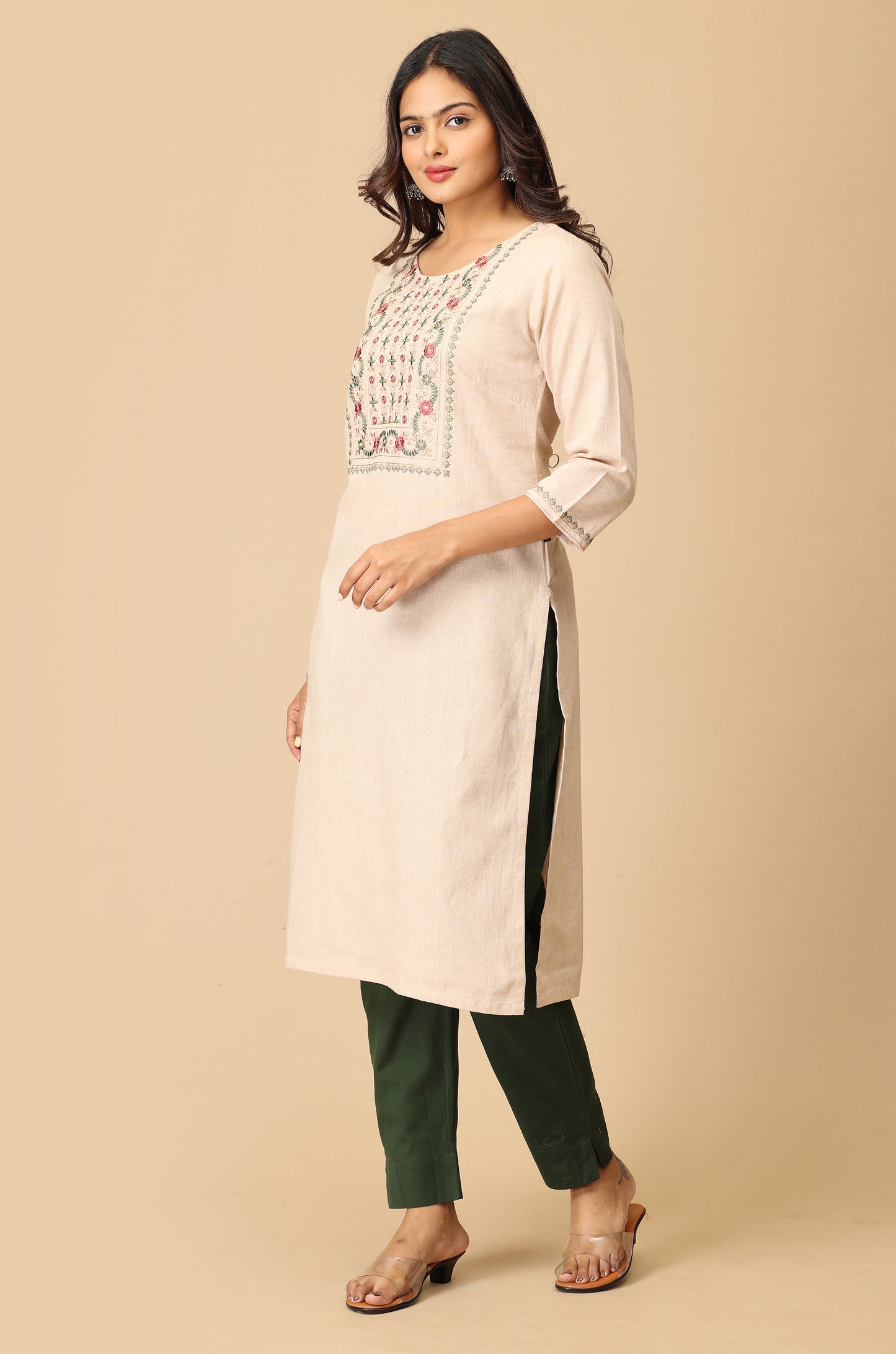 Beige Khadi Embroidery Kurti