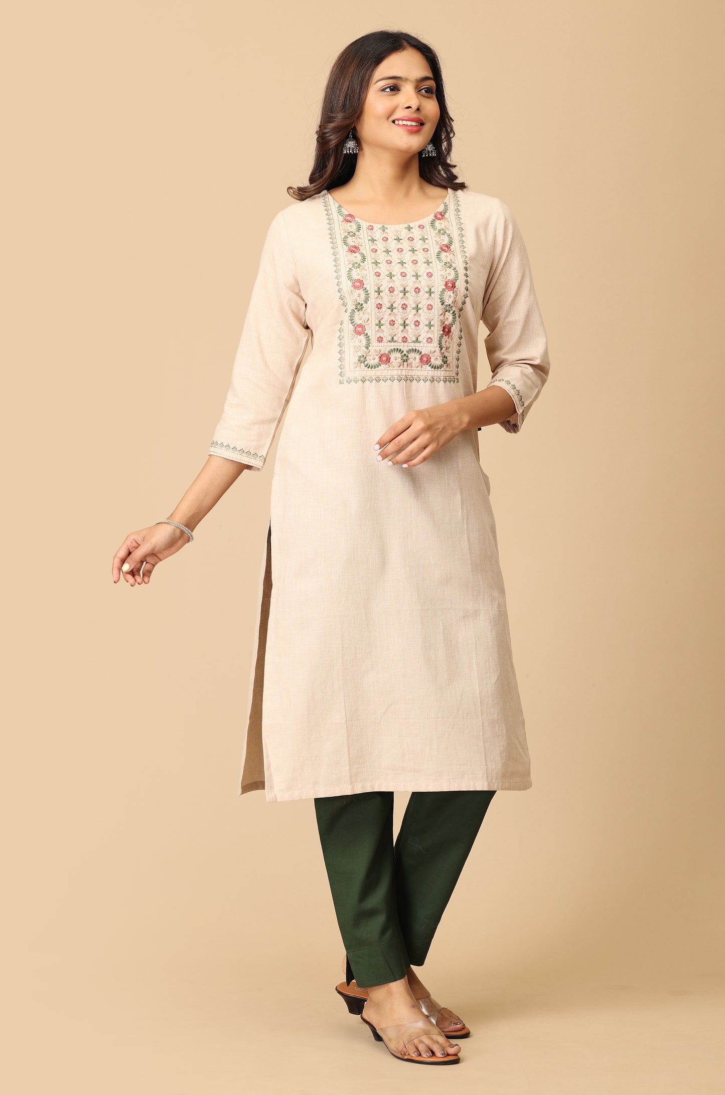 Beige Khadi Embroidery Kurti