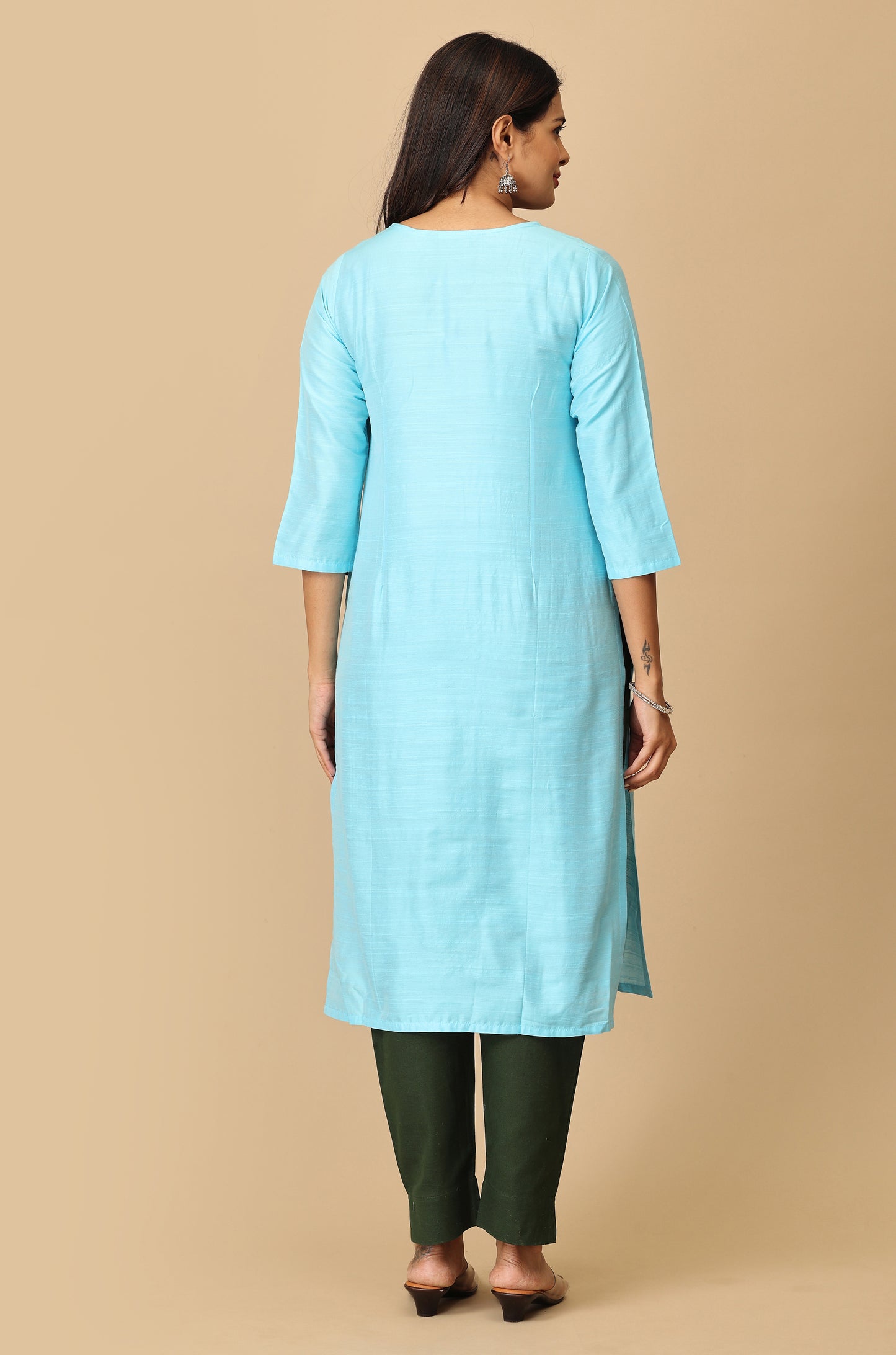 Sky Blue Slub Silk Yoke Embroidery Kurti