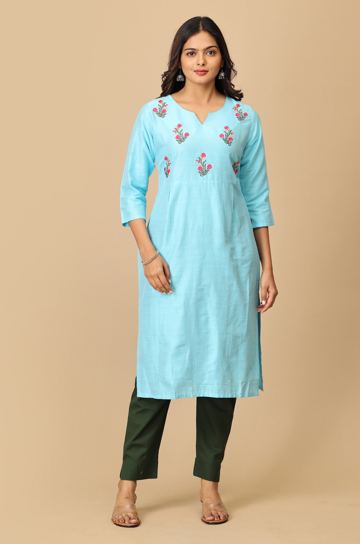 Sky Blue Slub Silk Yoke Embroidery Kurti