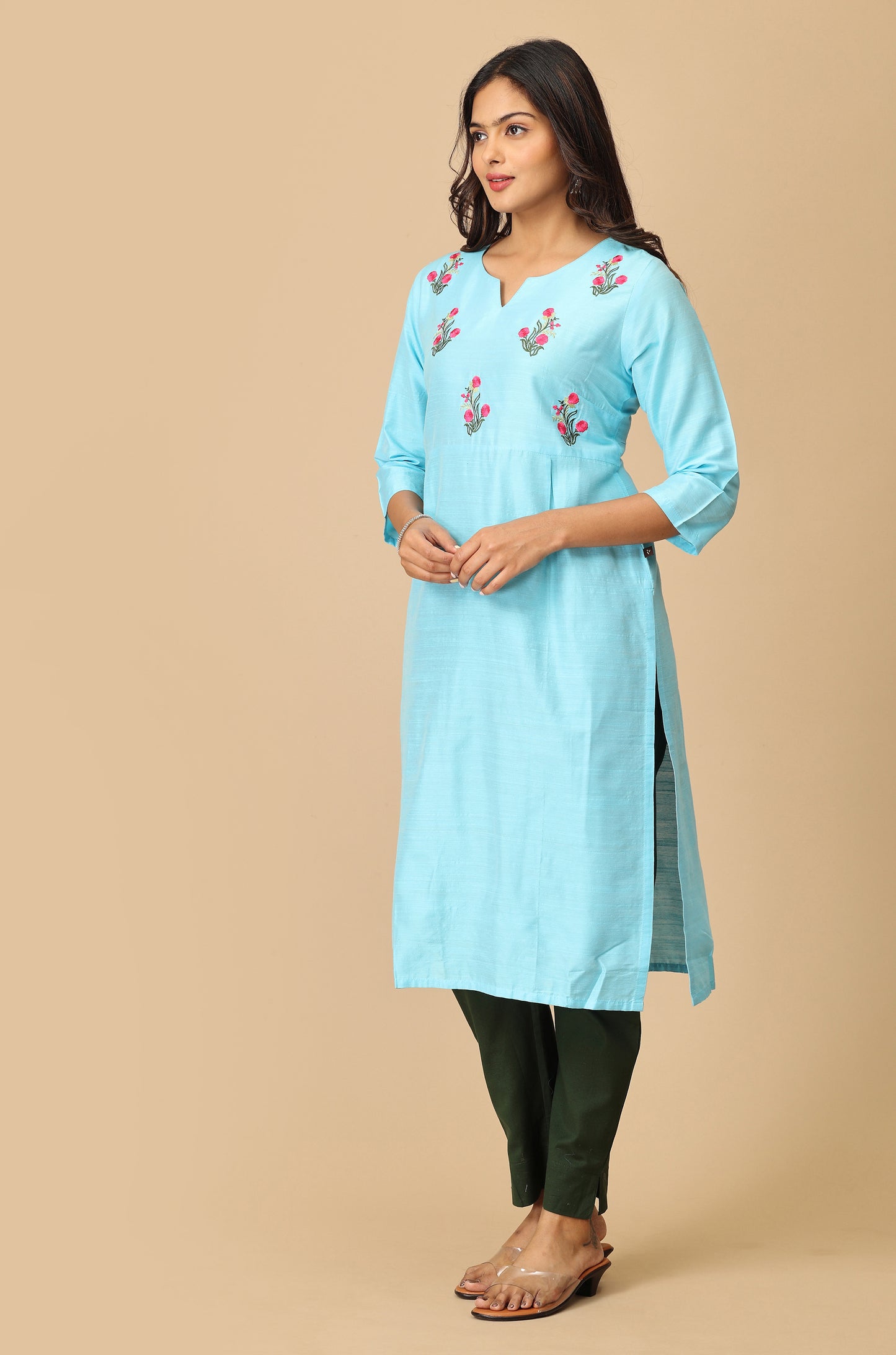 Sky Blue Slub Silk Yoke Embroidery Kurti