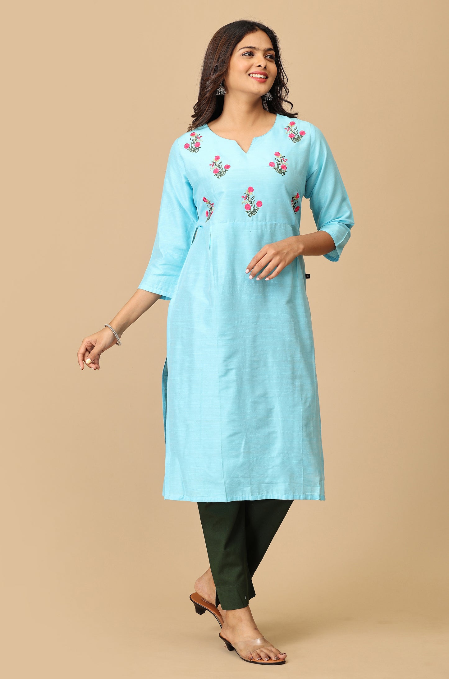 Sky Blue Slub Silk Yoke Embroidery Kurti