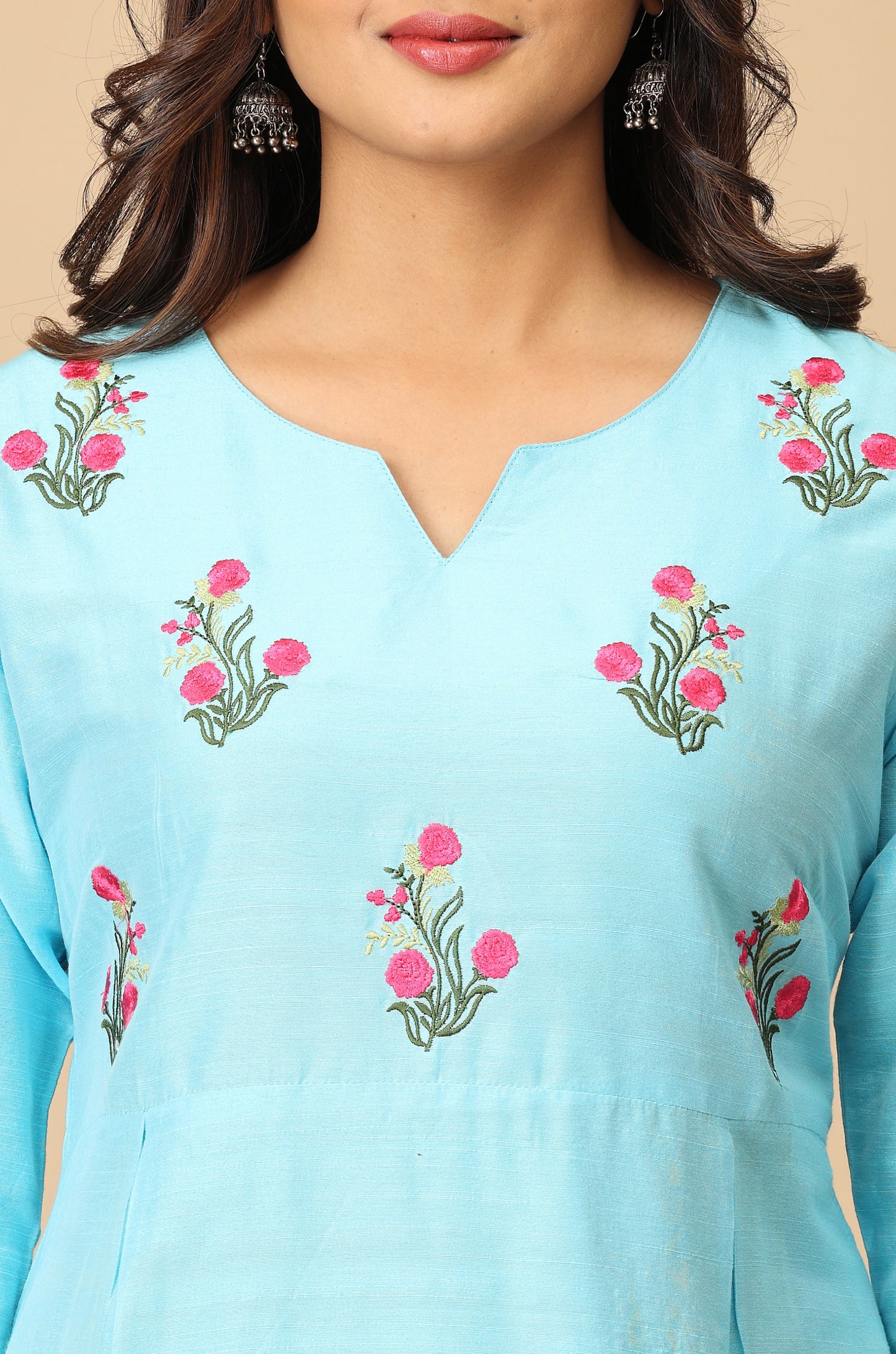 Sky Blue Slub Silk Yoke Embroidery Kurti