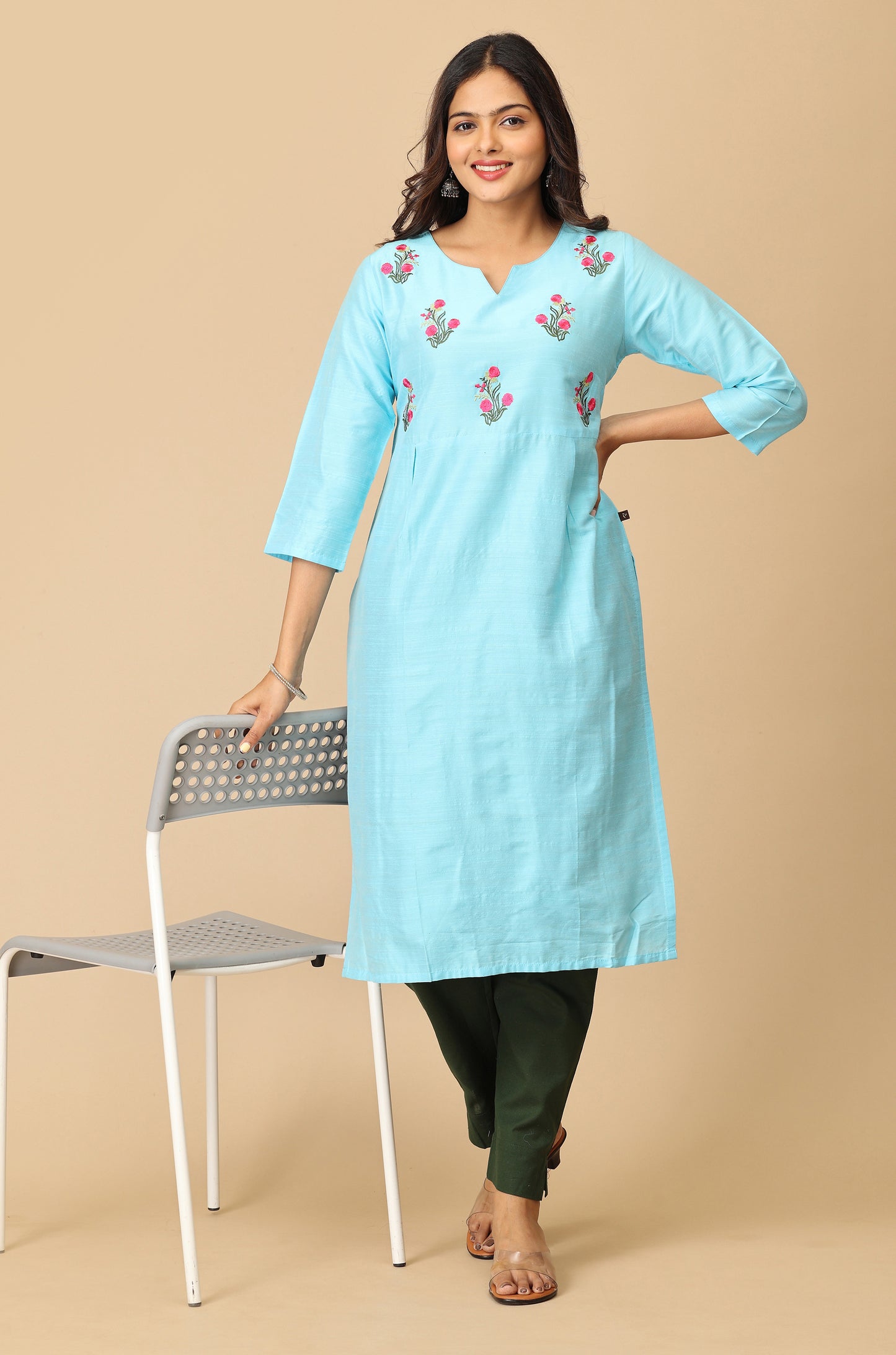 Sky Blue Slub Silk Yoke Embroidery Kurti