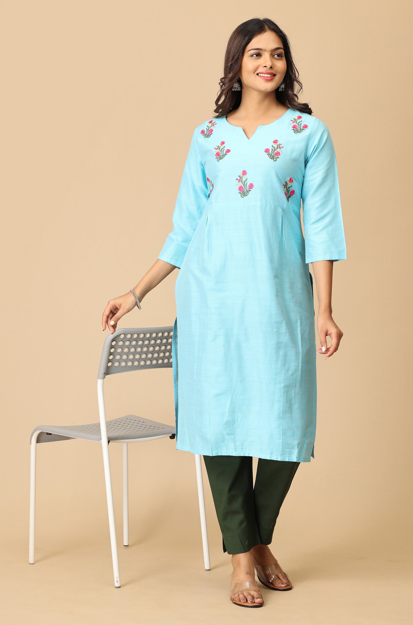 Sky Blue Slub Silk Yoke Embroidery Kurti