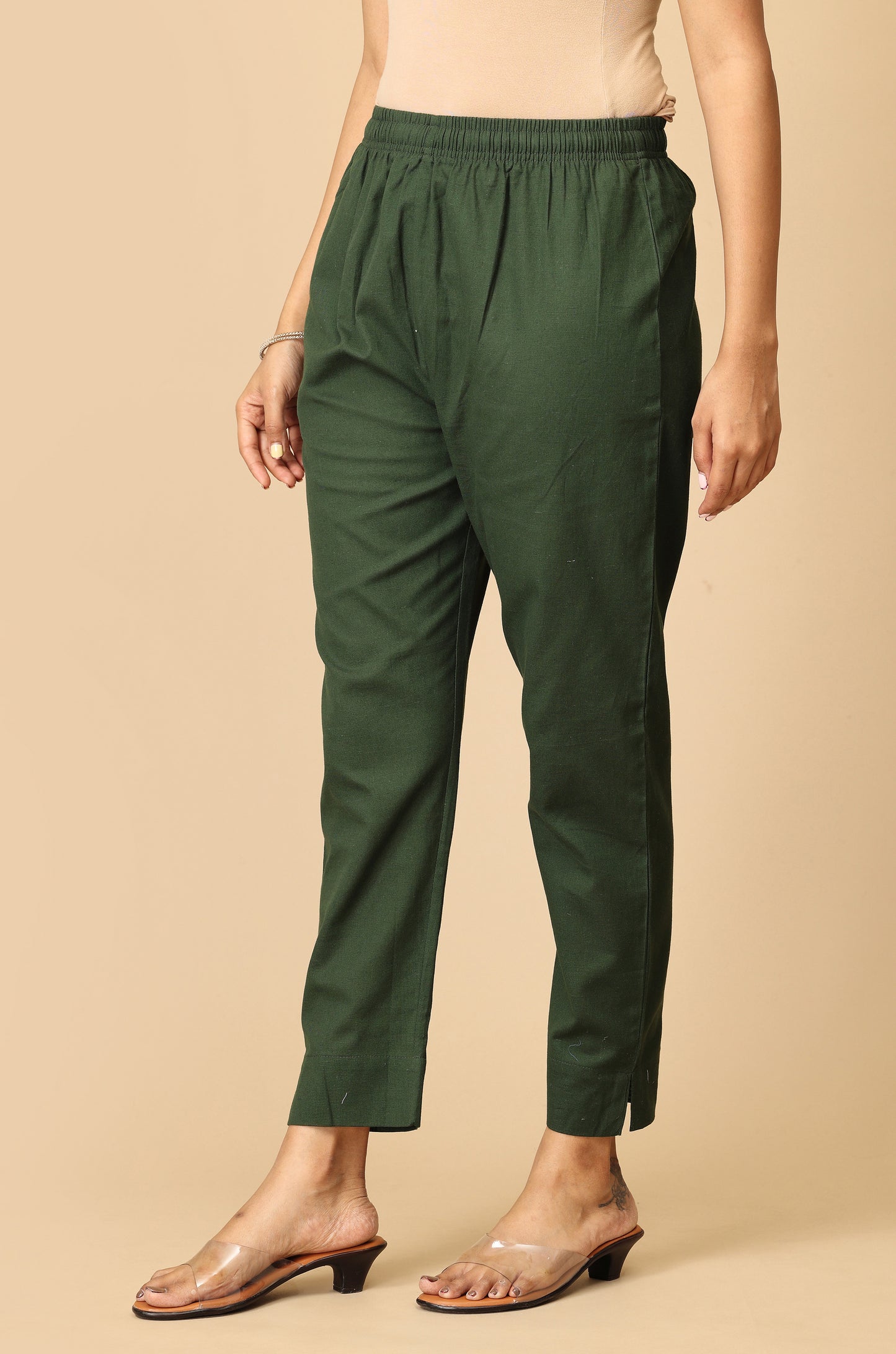 Green Cotton Trouser Fit with Drawstring Cigarette Pant