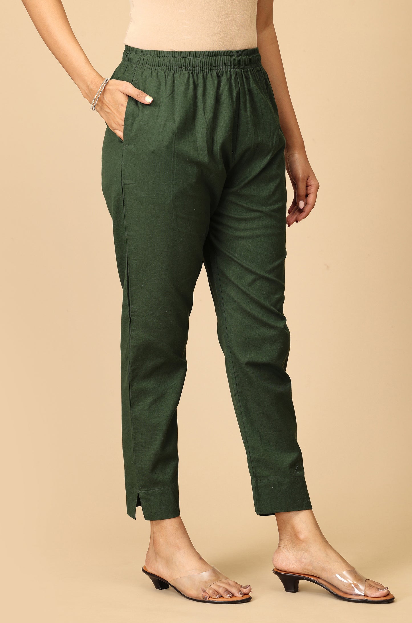 Green Cotton Trouser Fit with Drawstring Cigarette Pant