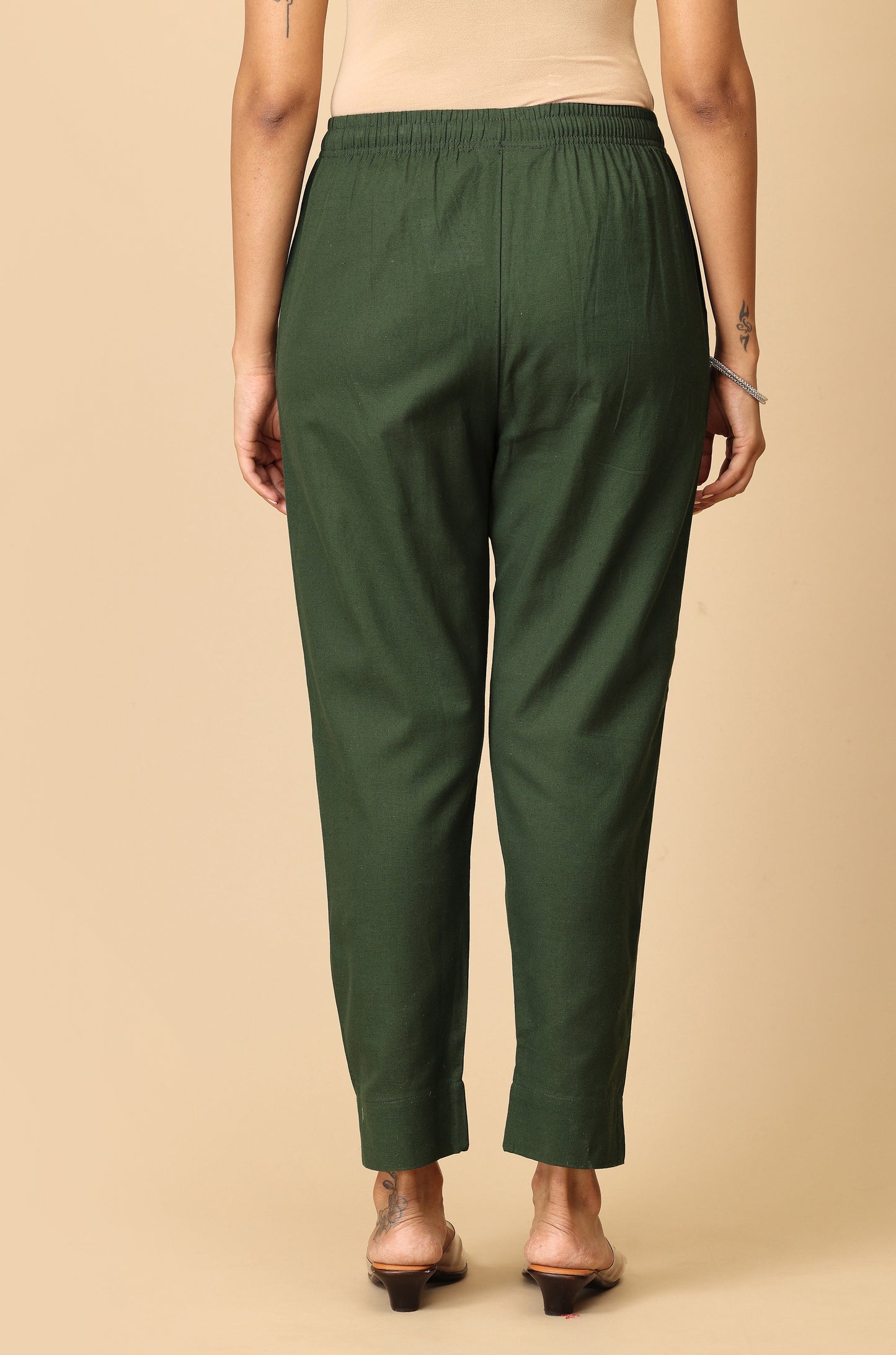 Green Cotton Trouser Fit with Drawstring Cigarette Pant