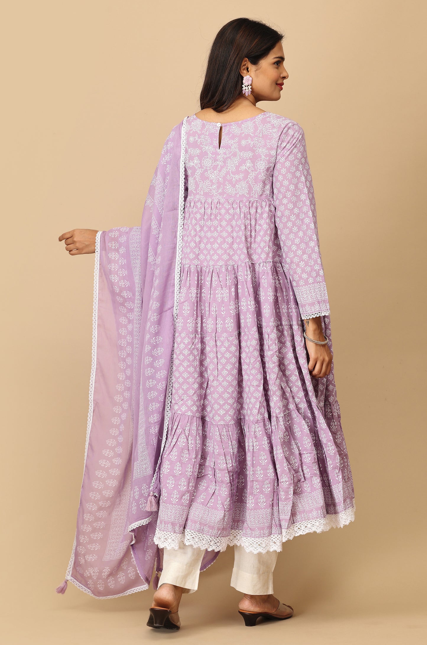 Lilac Cotton Printed & Handwork Frills , Pleated Anarkali with Dupatta 2pc