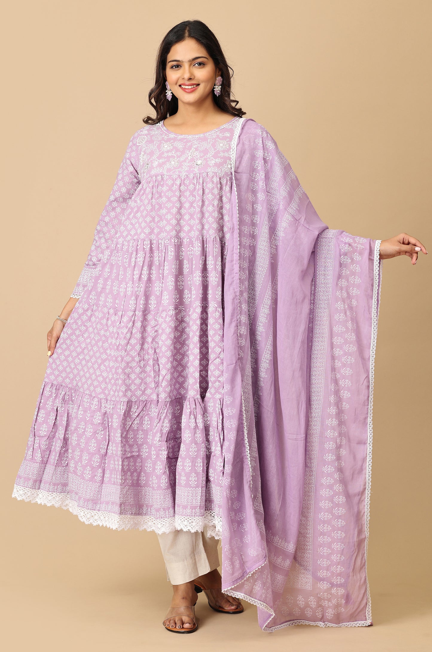 Lilac Cotton Printed & Handwork Frills , Pleated Anarkali with Dupatta 2pc
