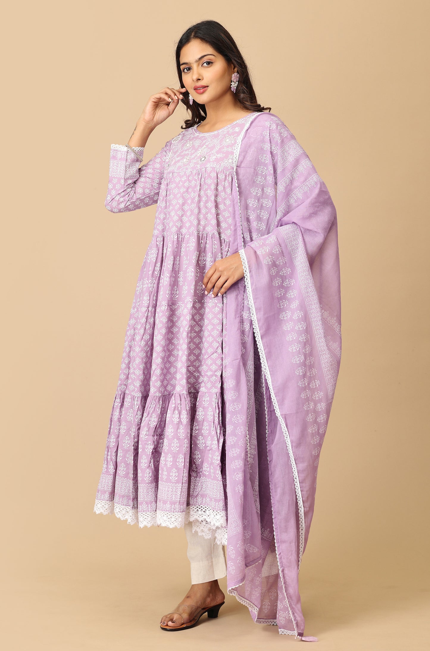 Lilac Cotton Printed & Handwork Frills , Pleated Anarkali with Dupatta 2pc