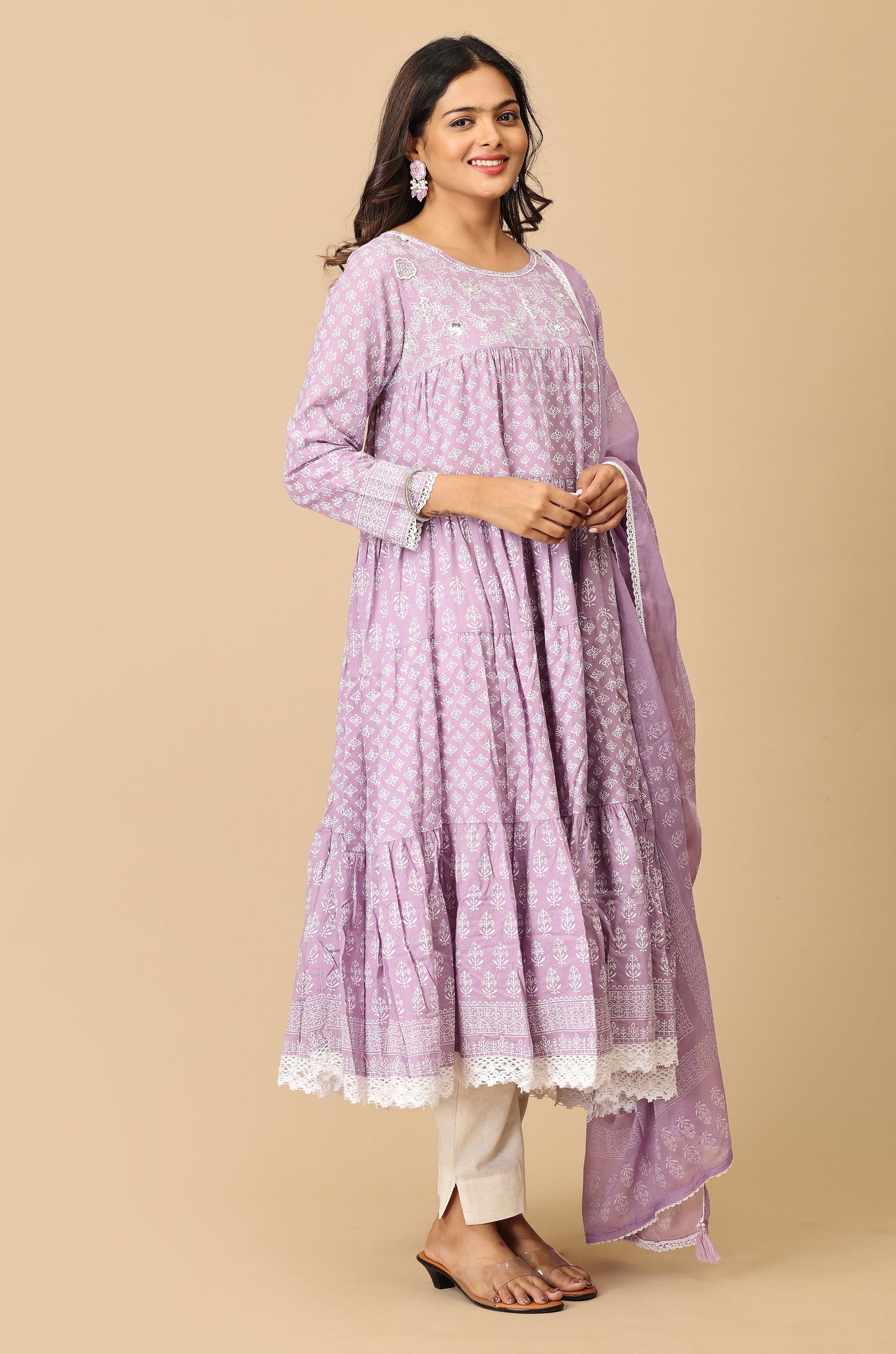 Lilac Cotton Printed & Handwork Frills , Pleated Anarkali with Dupatta 2pc