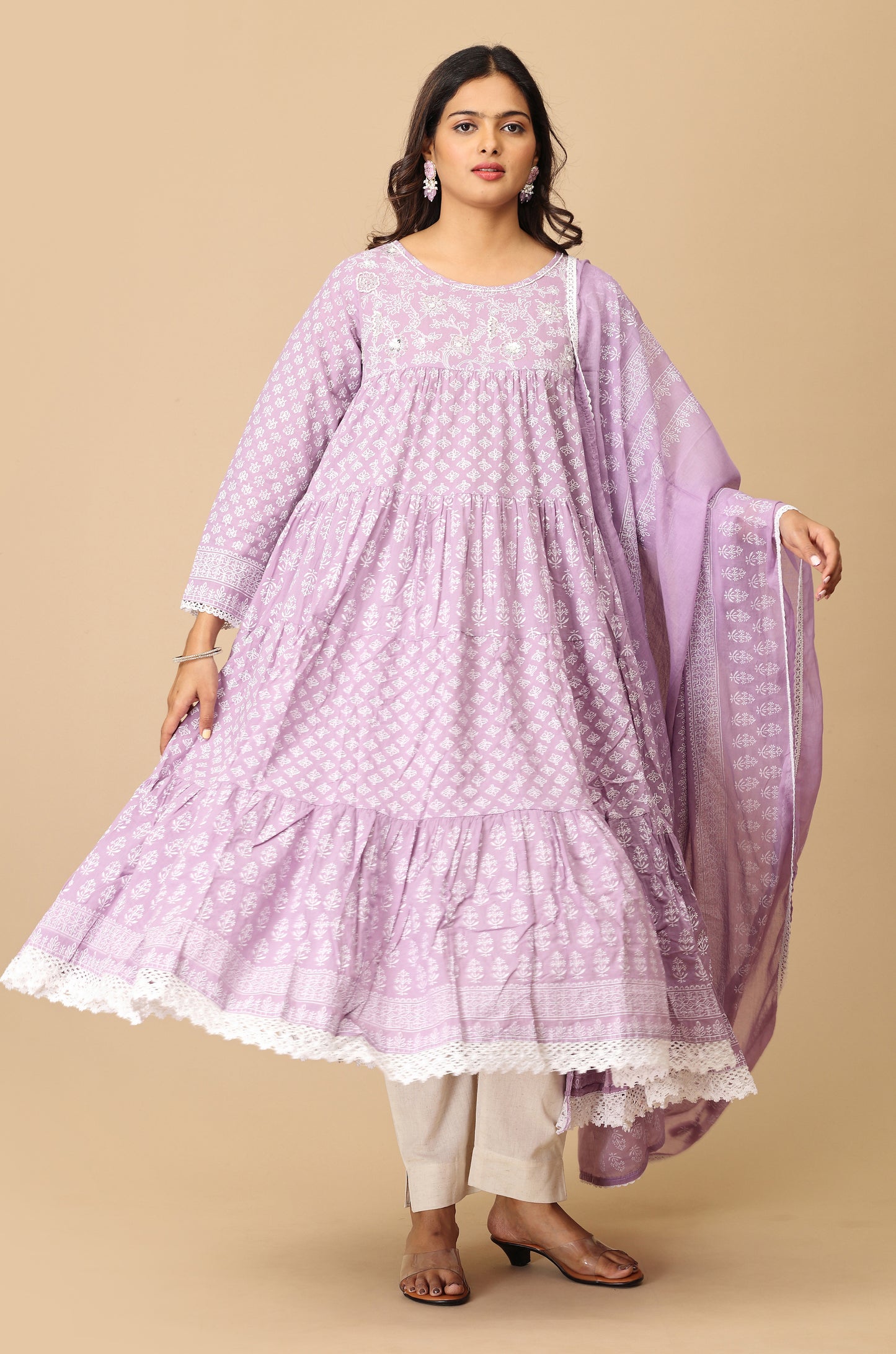 Lilac Cotton Printed & Handwork Frills , Pleated Anarkali with Dupatta 2pc