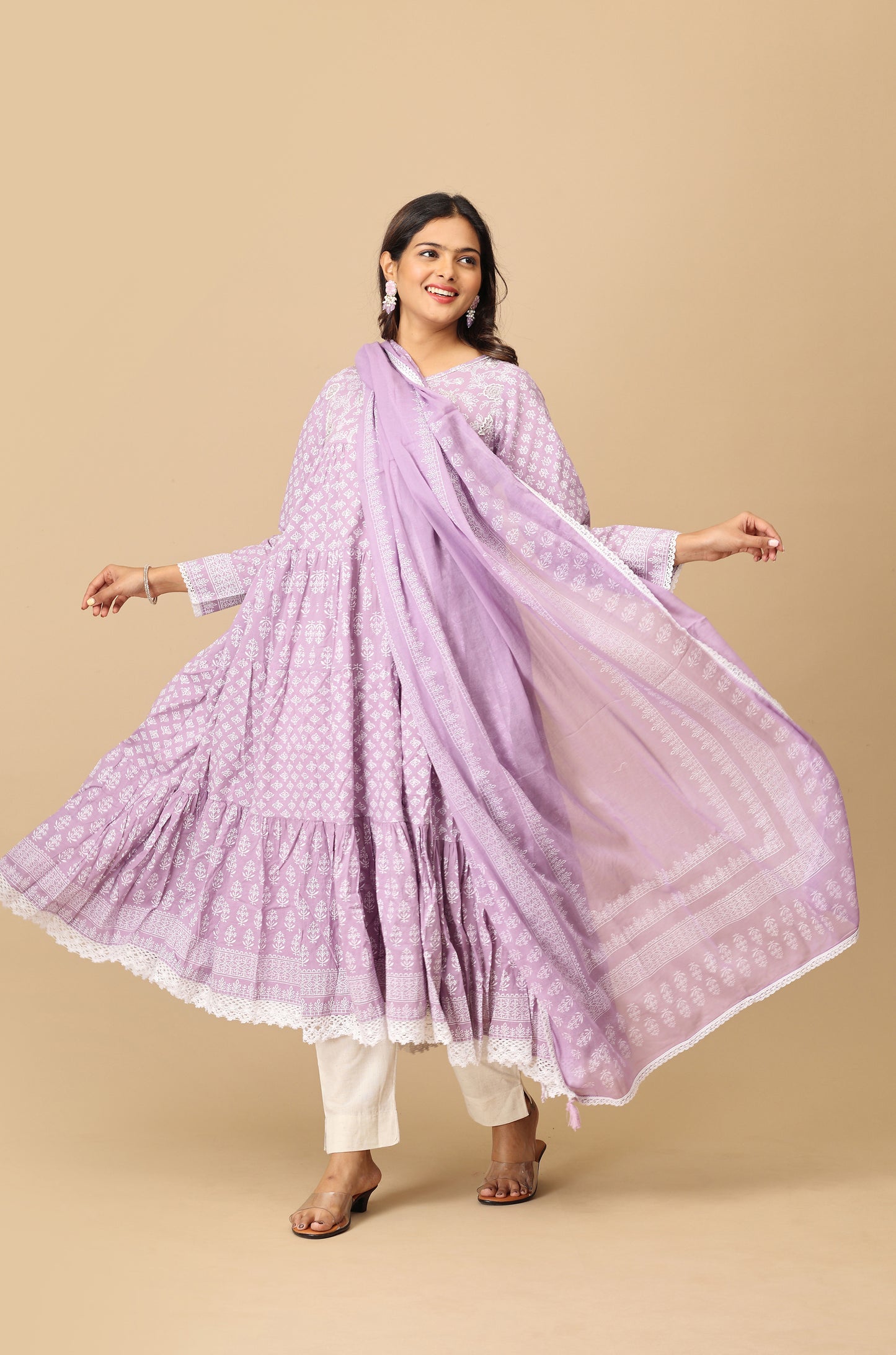 Lilac Cotton Printed & Handwork Frills , Pleated Anarkali with Dupatta 2pc