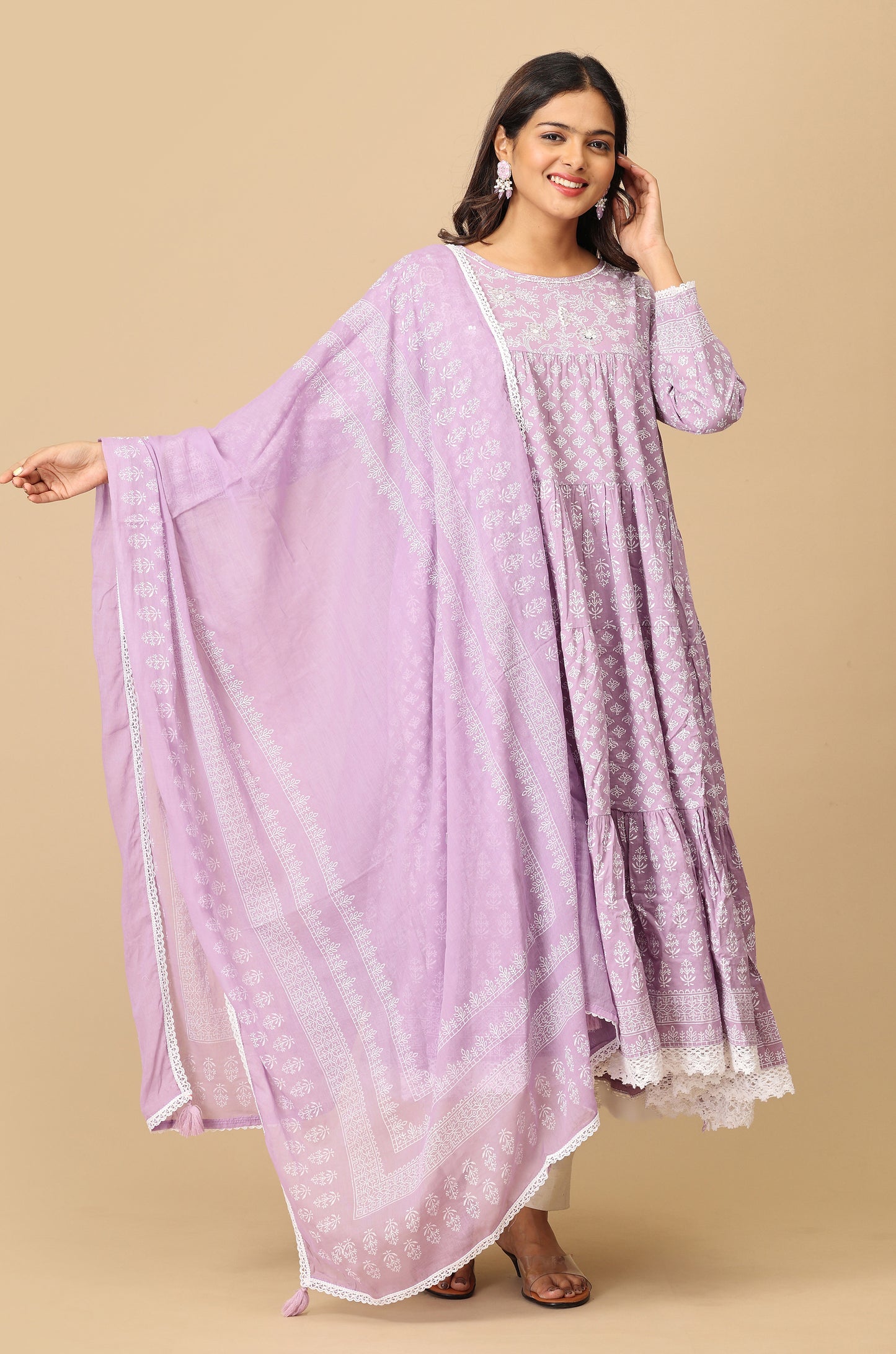 Lilac Cotton Printed & Handwork Frills , Pleated Anarkali with Dupatta 2pc