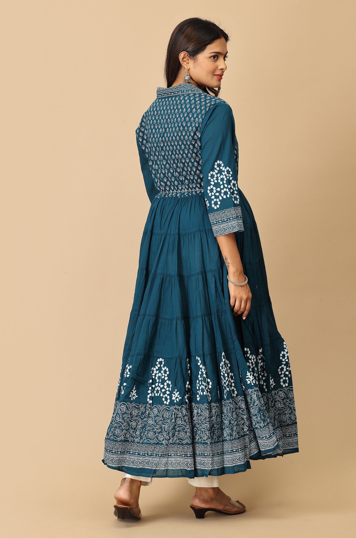 Teal Rayon Printed A-Line with Gathers Anarkali
