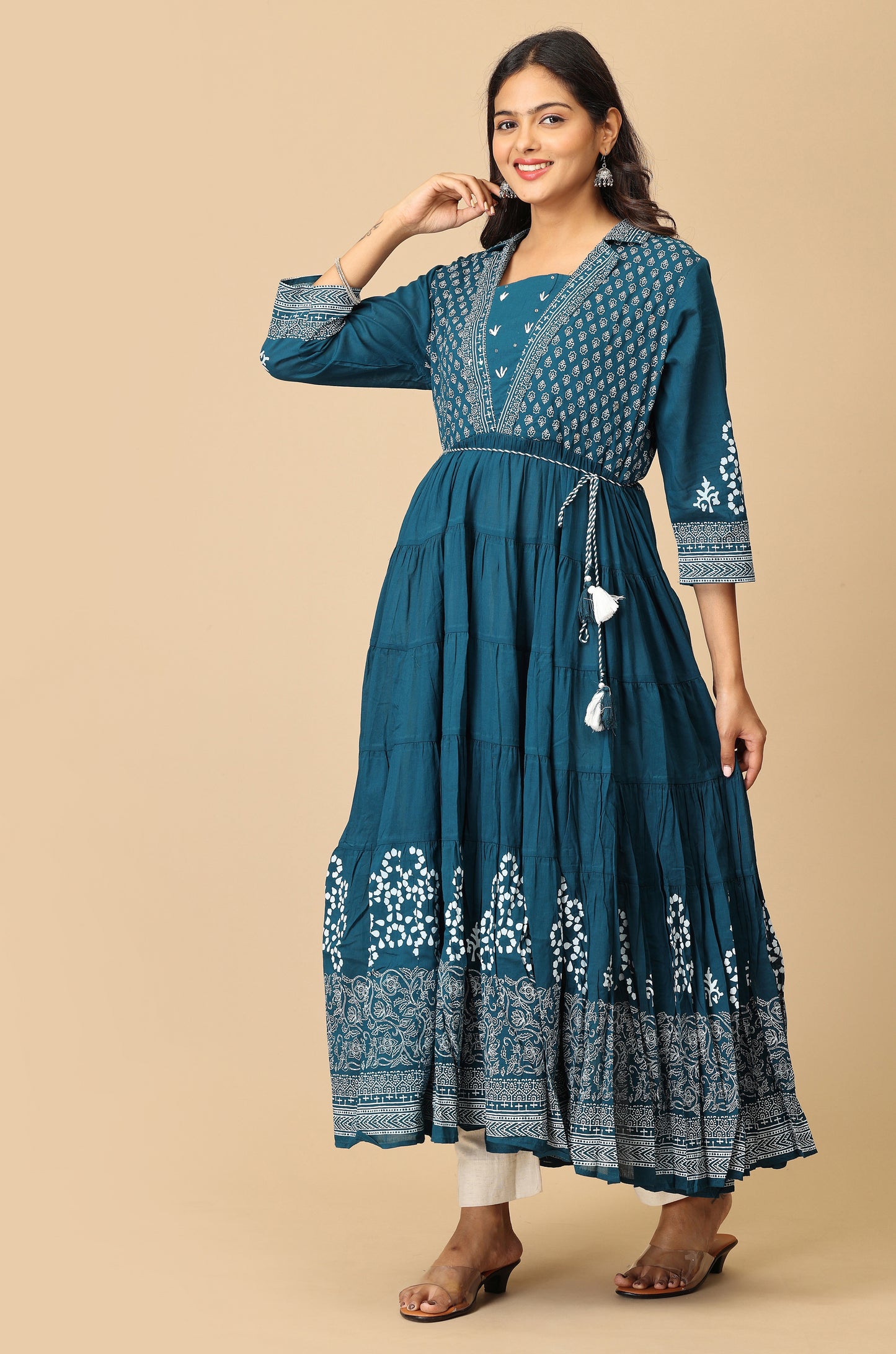 Teal Rayon Printed A-Line with Gathers Anarkali
