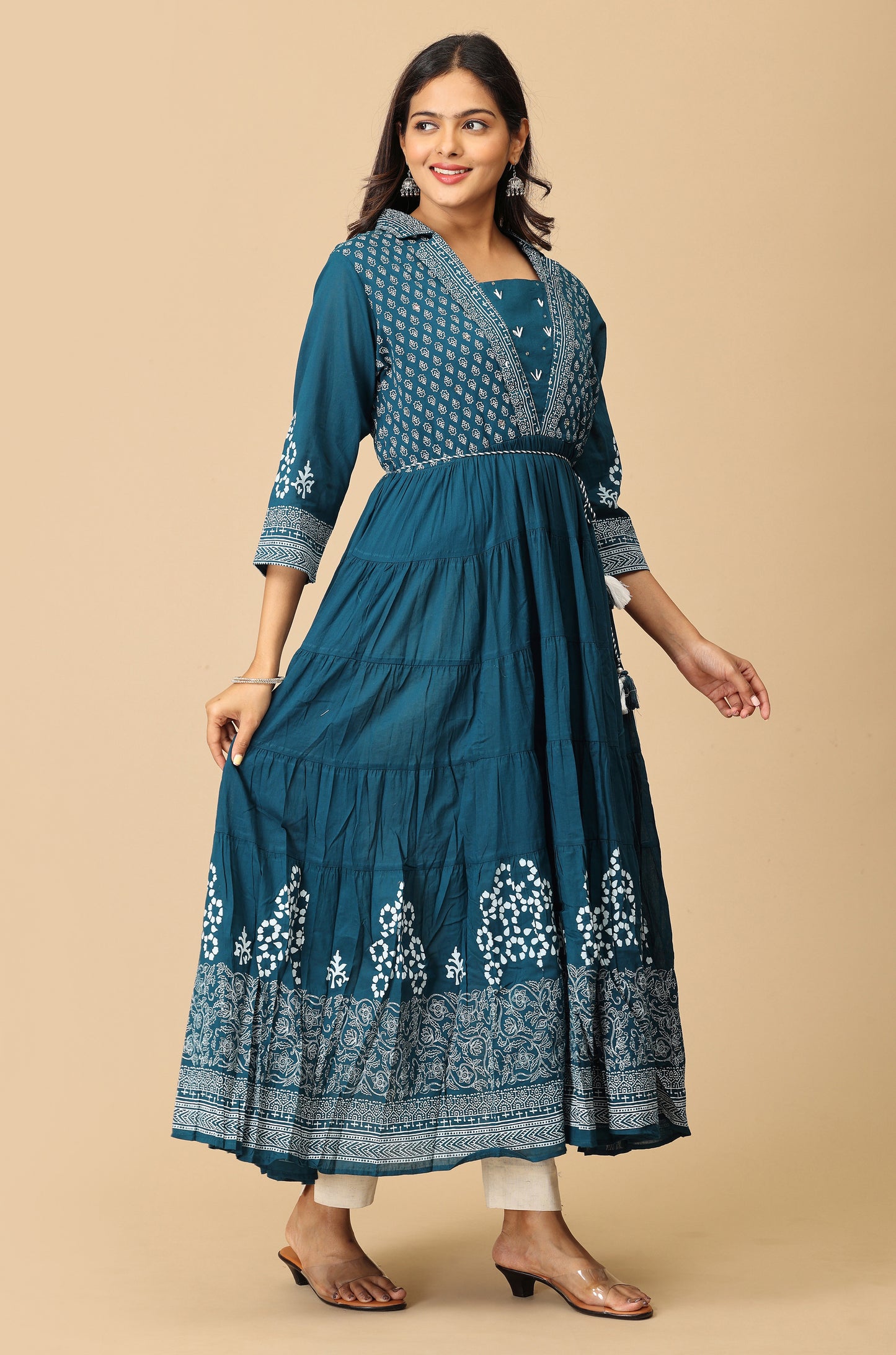 Teal Rayon Printed A-Line with Gathers Anarkali