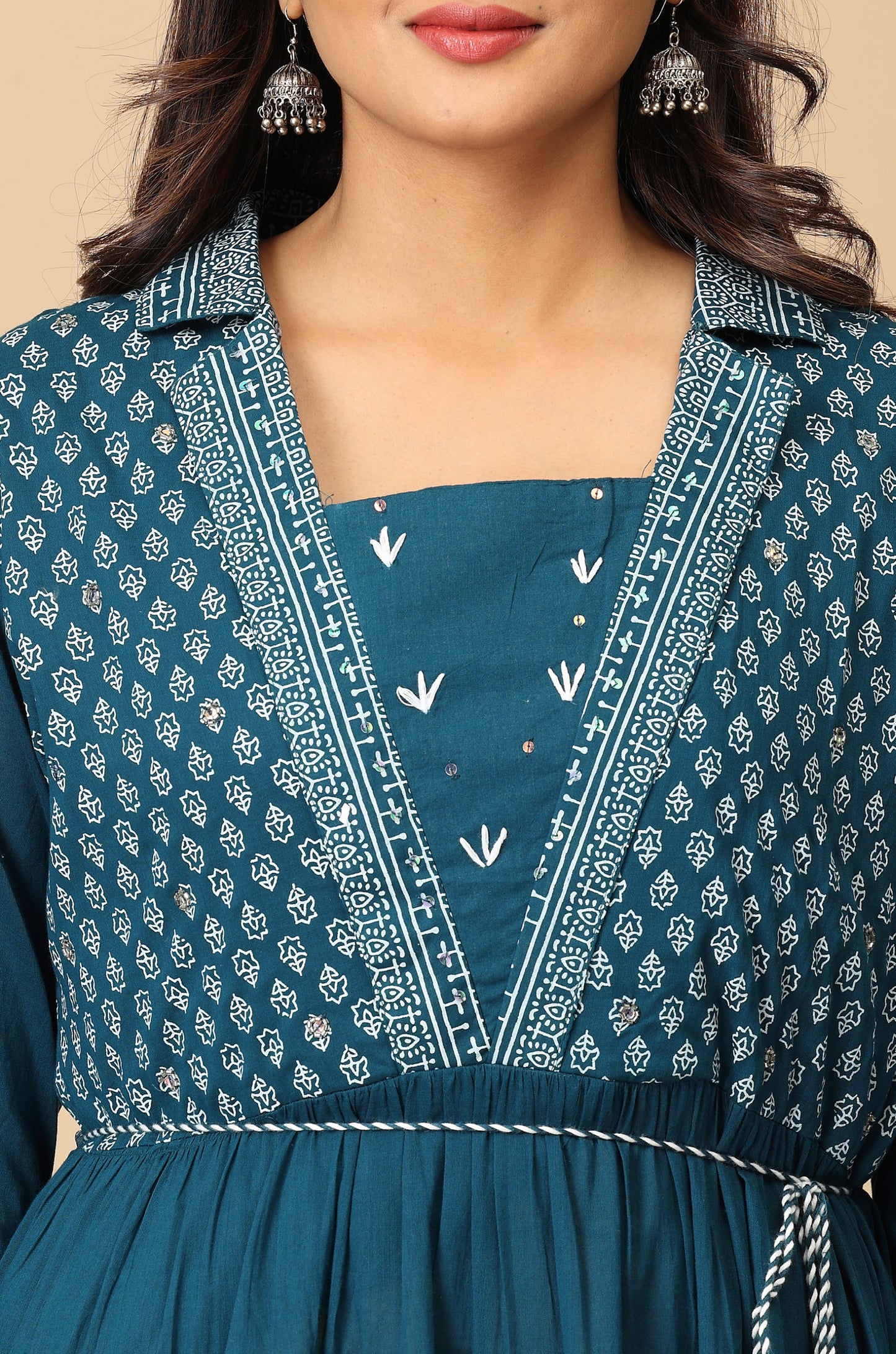 Teal Rayon Printed A-Line with Gathers Anarkali