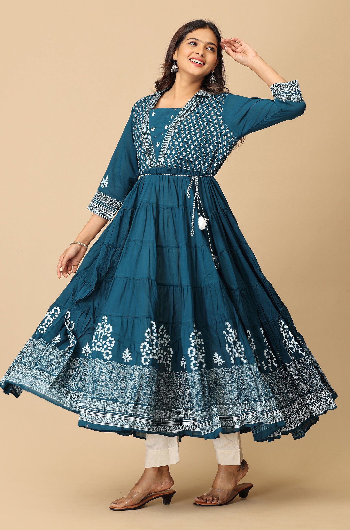 Teal Rayon Printed A-Line with Gathers Anarkali