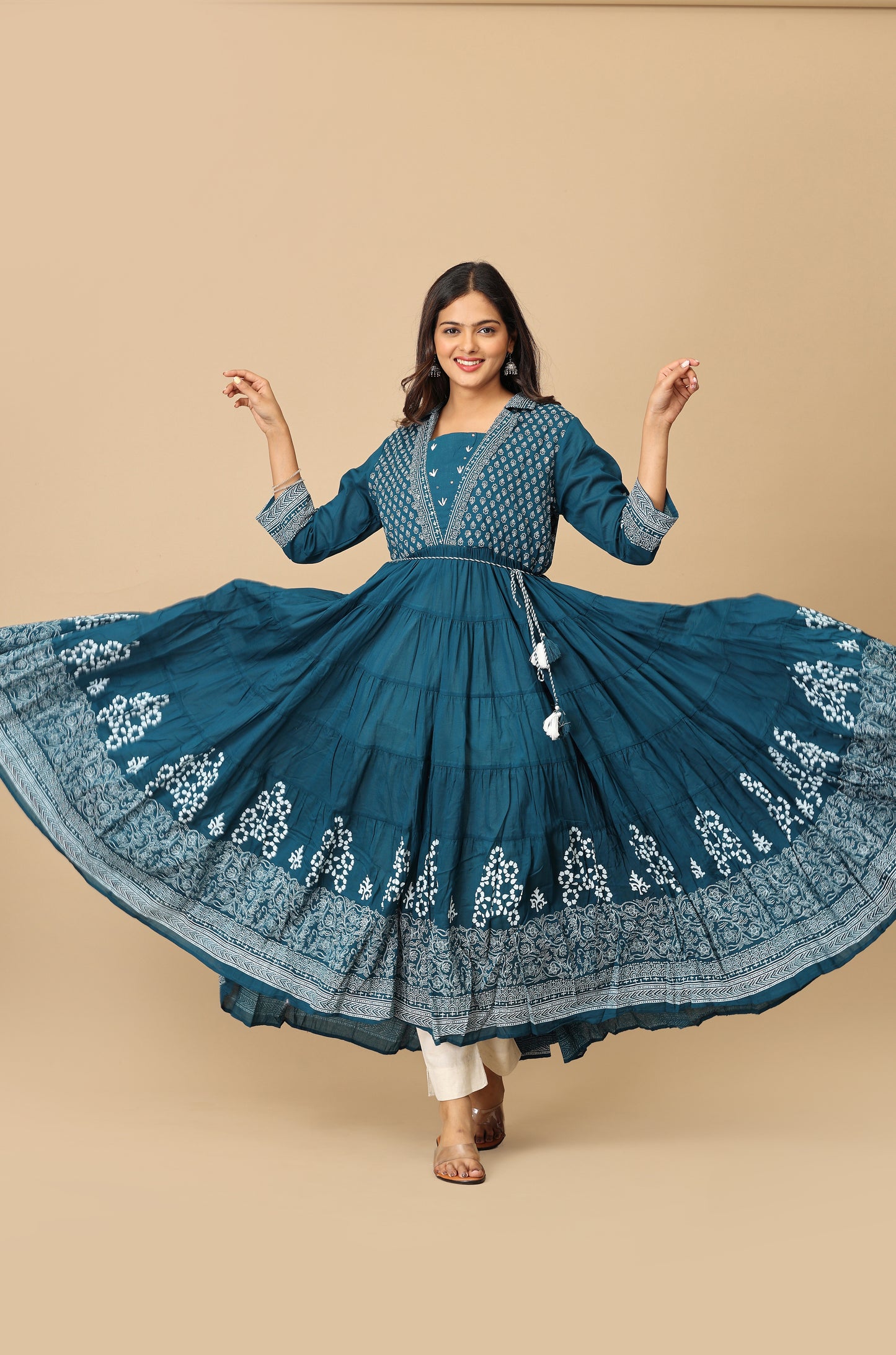 Teal Rayon Printed A-Line with Gathers Anarkali