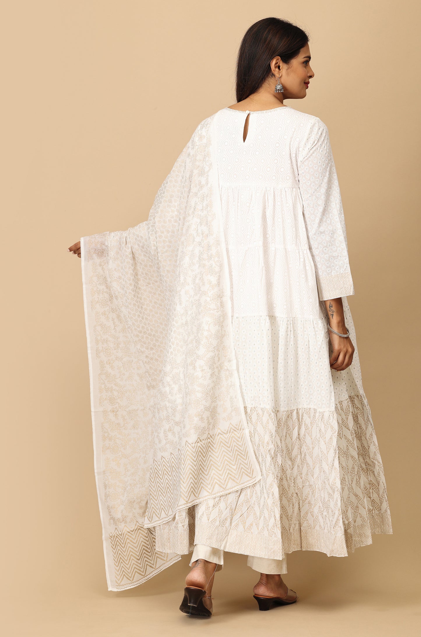 Off White Cotton Printed & Handwork Frills , Pleated Anarkali with Dupatta 2pc