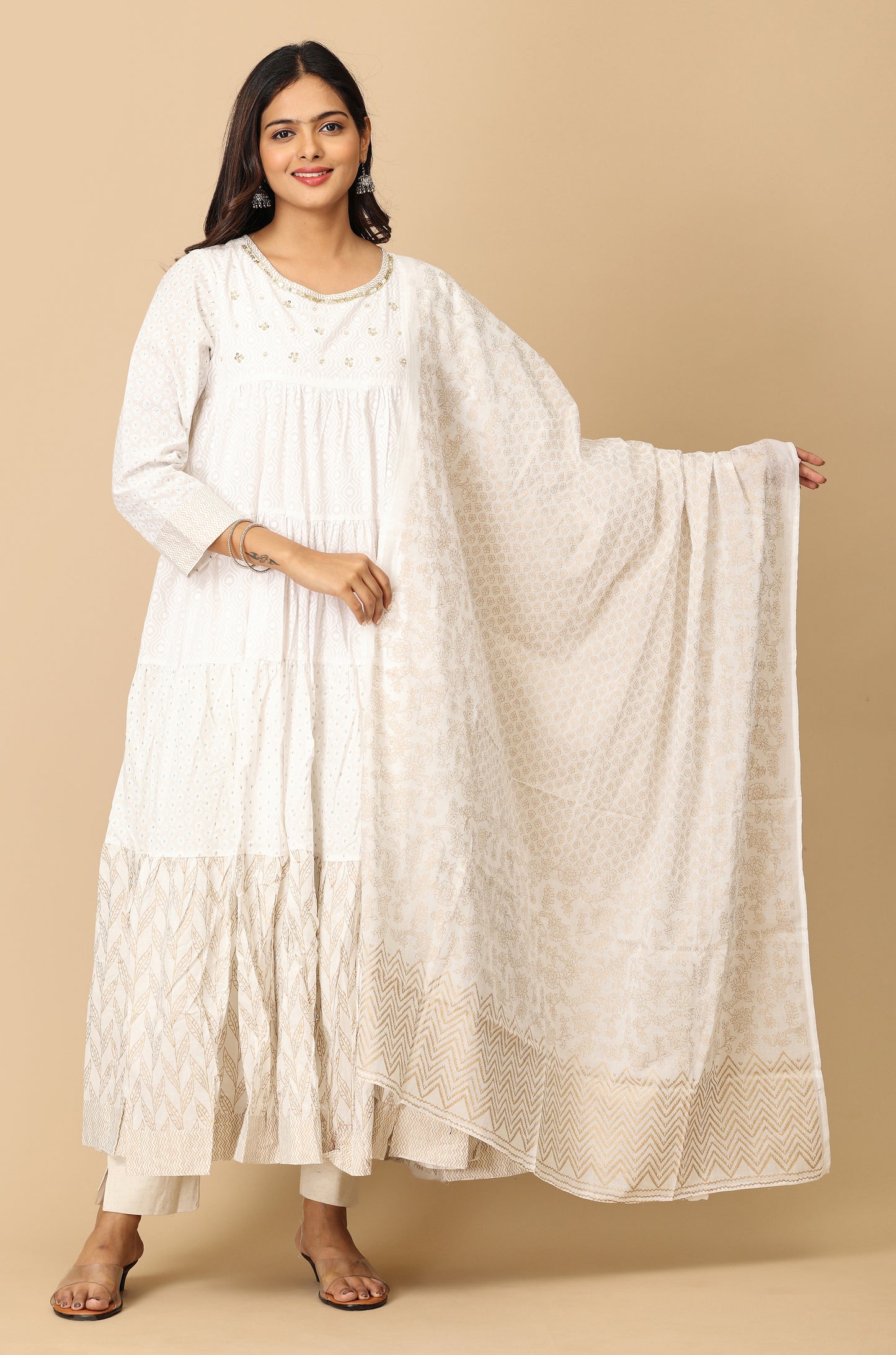 Off White Cotton Printed & Handwork Frills , Pleated Anarkali with Dupatta 2pc