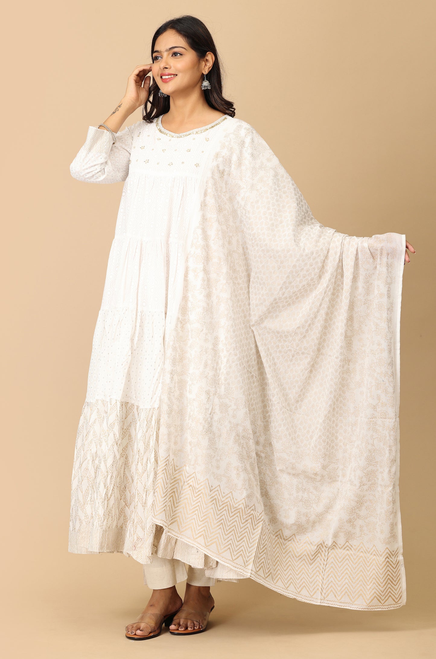 Off White Cotton Printed & Handwork Frills , Pleated Anarkali with Dupatta 2pc