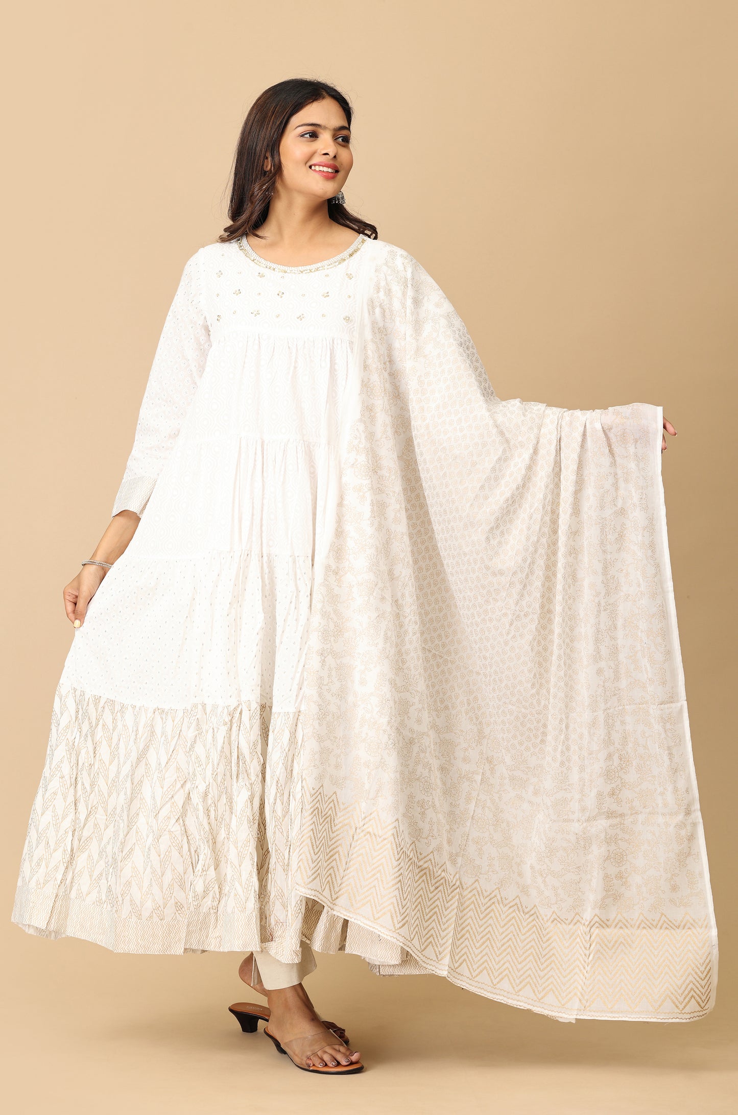 Off White Cotton Printed & Handwork Frills , Pleated Anarkali with Dupatta 2pc