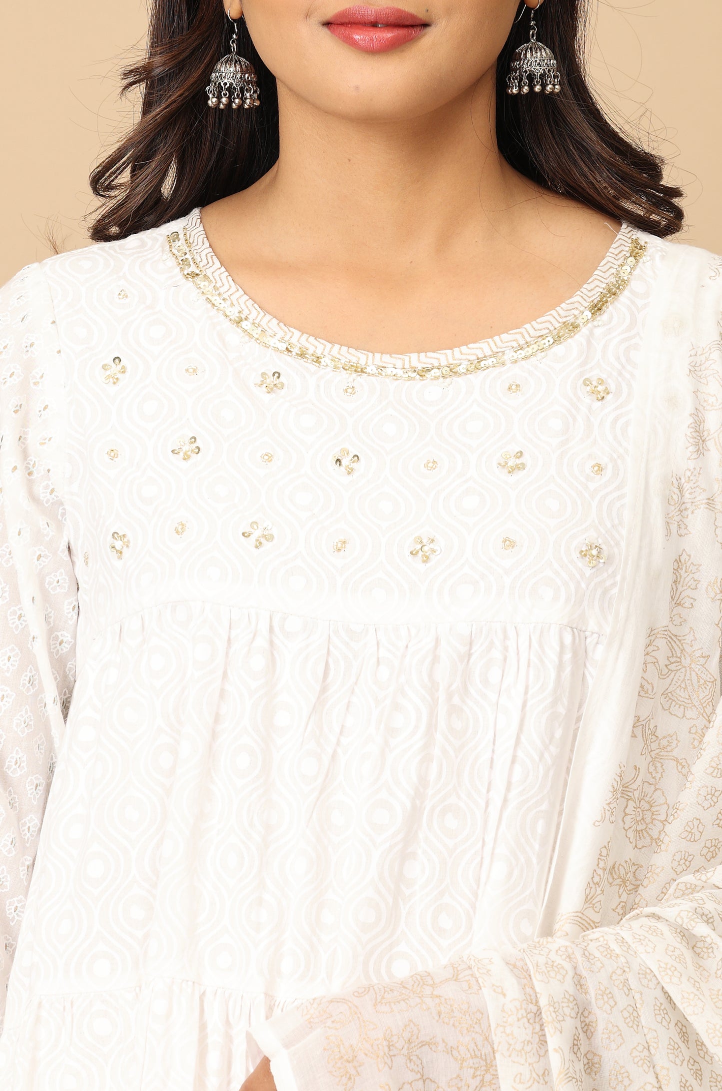 Off White Cotton Printed & Handwork Frills , Pleated Anarkali with Dupatta 2pc