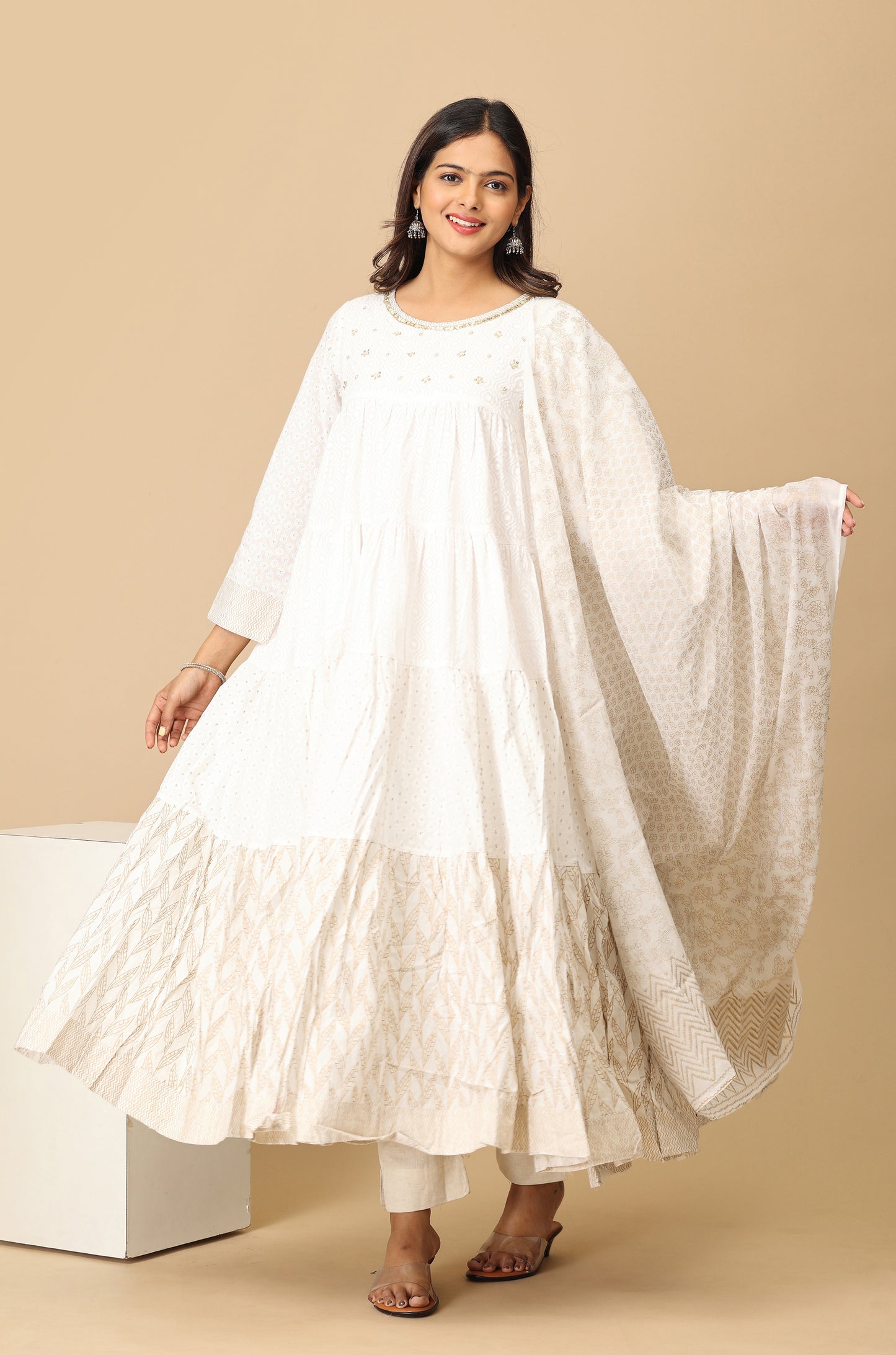 Off White Cotton Printed & Handwork Frills , Pleated Anarkali with Dupatta 2pc