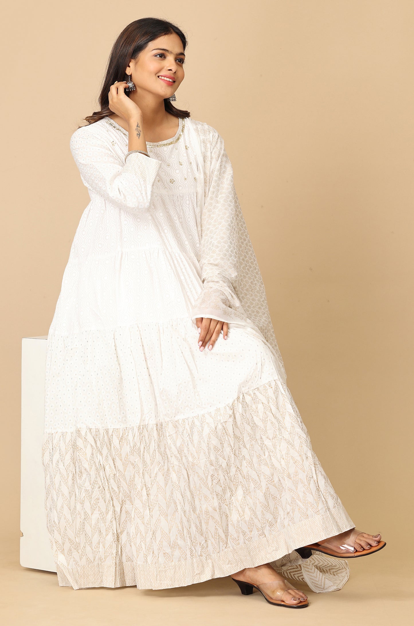 Off White Cotton Printed & Handwork Frills , Pleated Anarkali with Dupatta 2pc