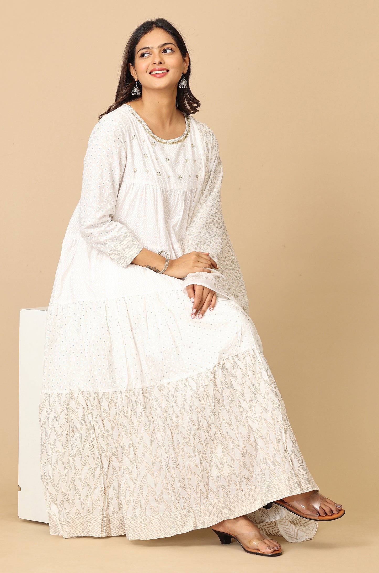 Off White Cotton Printed & Handwork Frills , Pleated Anarkali with Dupatta 2pc