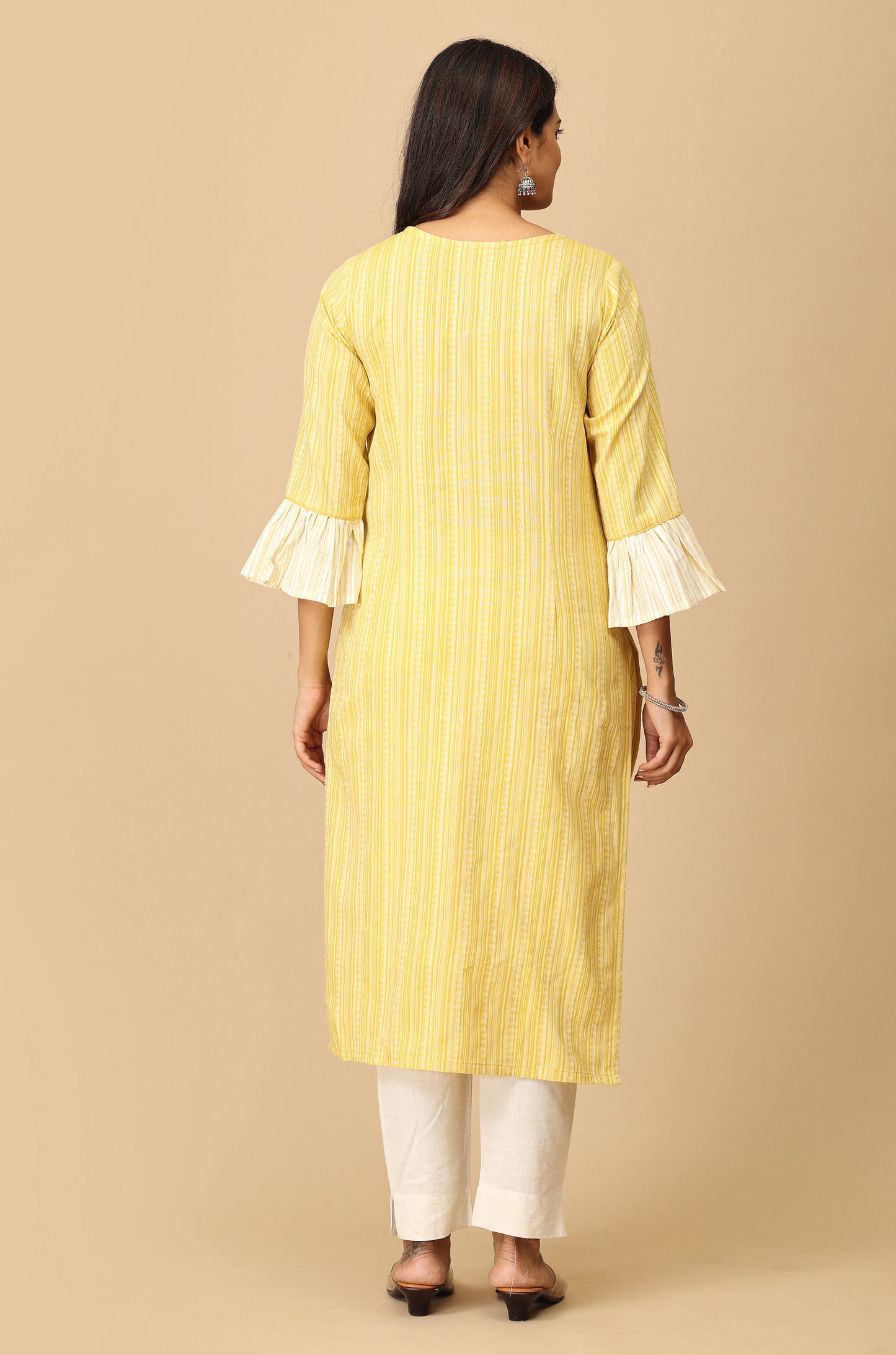 Lemon Cotton Dobby Bell Sleeve Straight Kurti