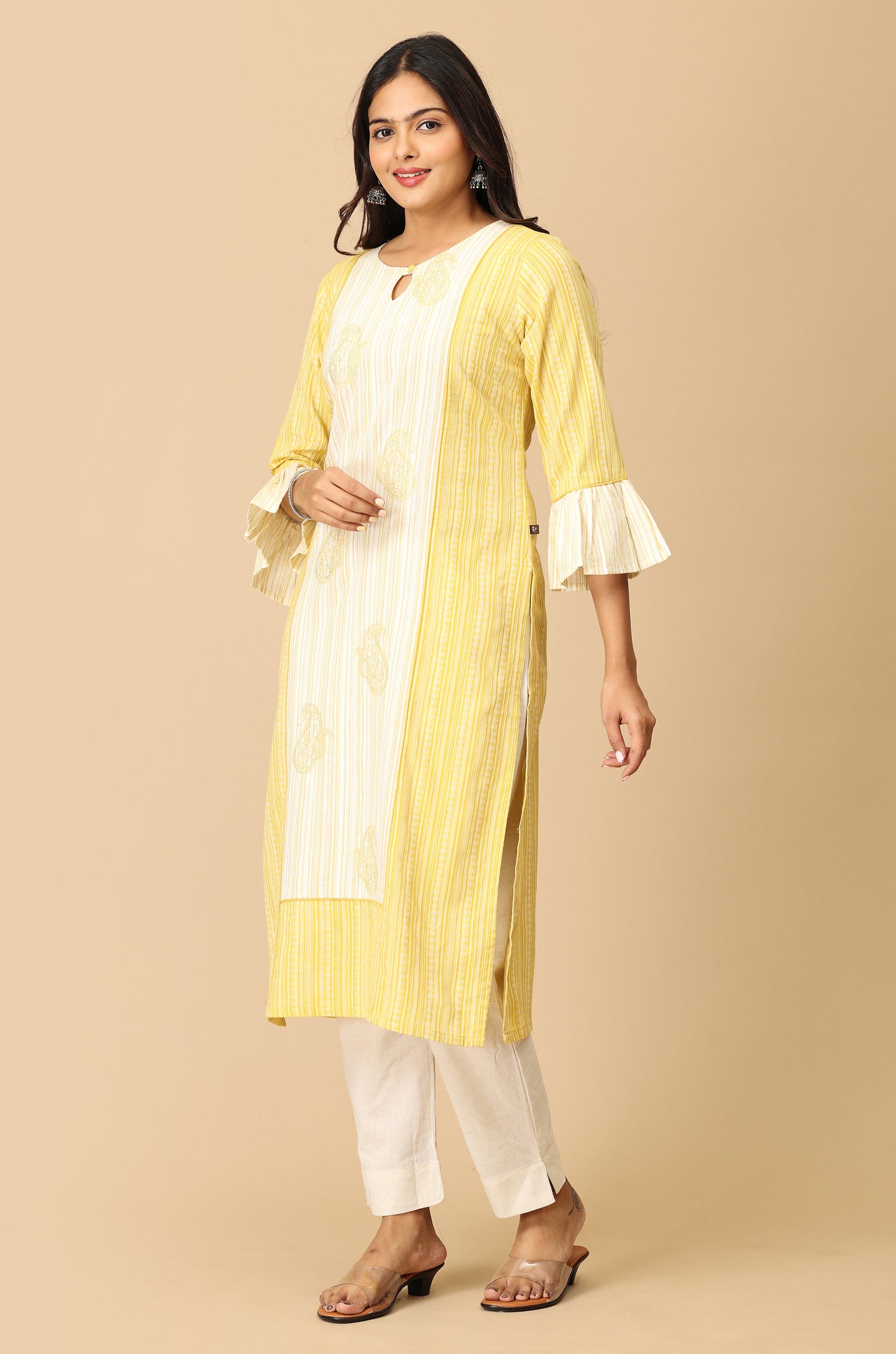 Lemon Cotton Dobby Bell Sleeve Straight Kurti