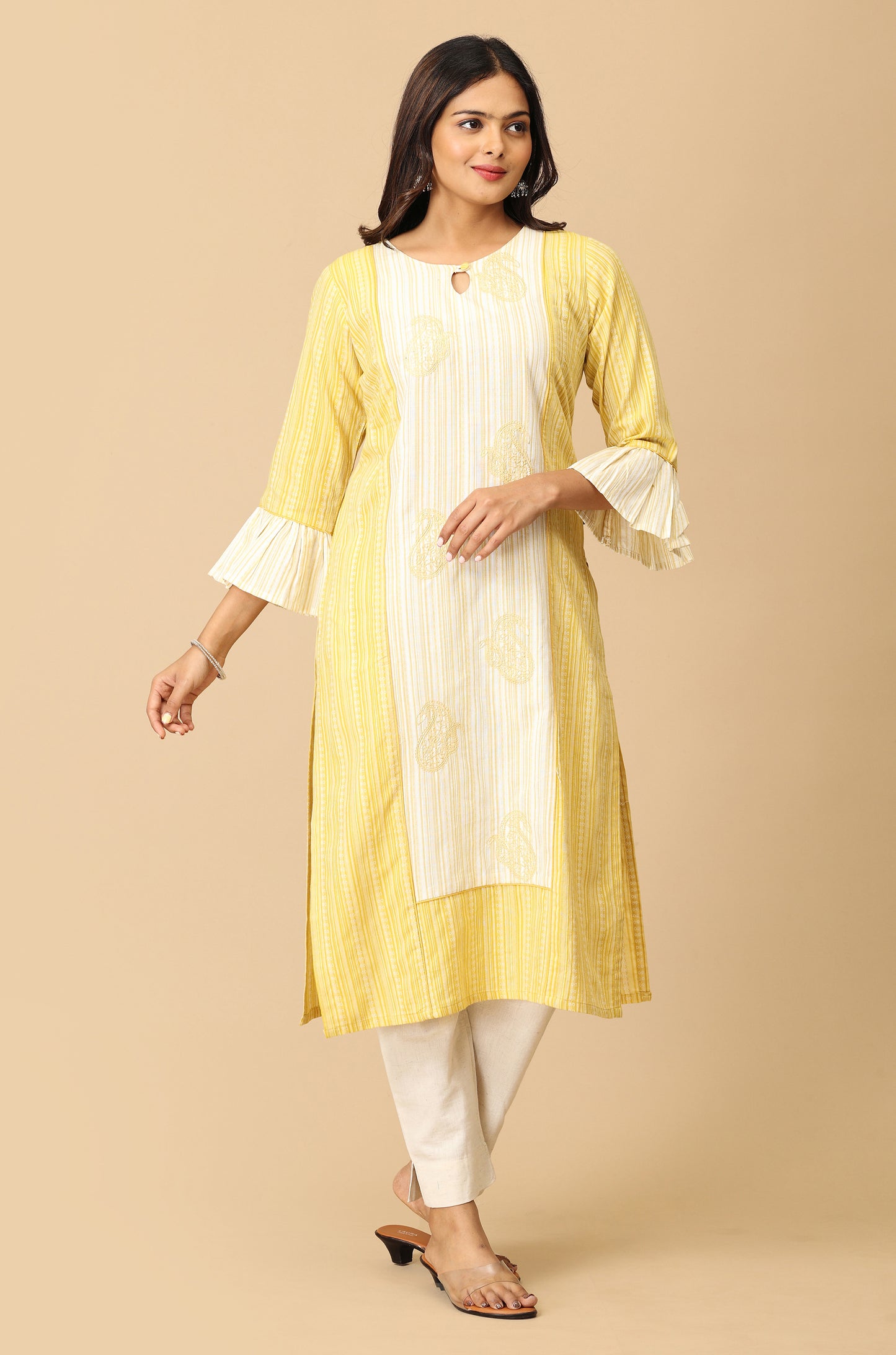 Lemon Cotton Dobby Bell Sleeve Straight Kurti
