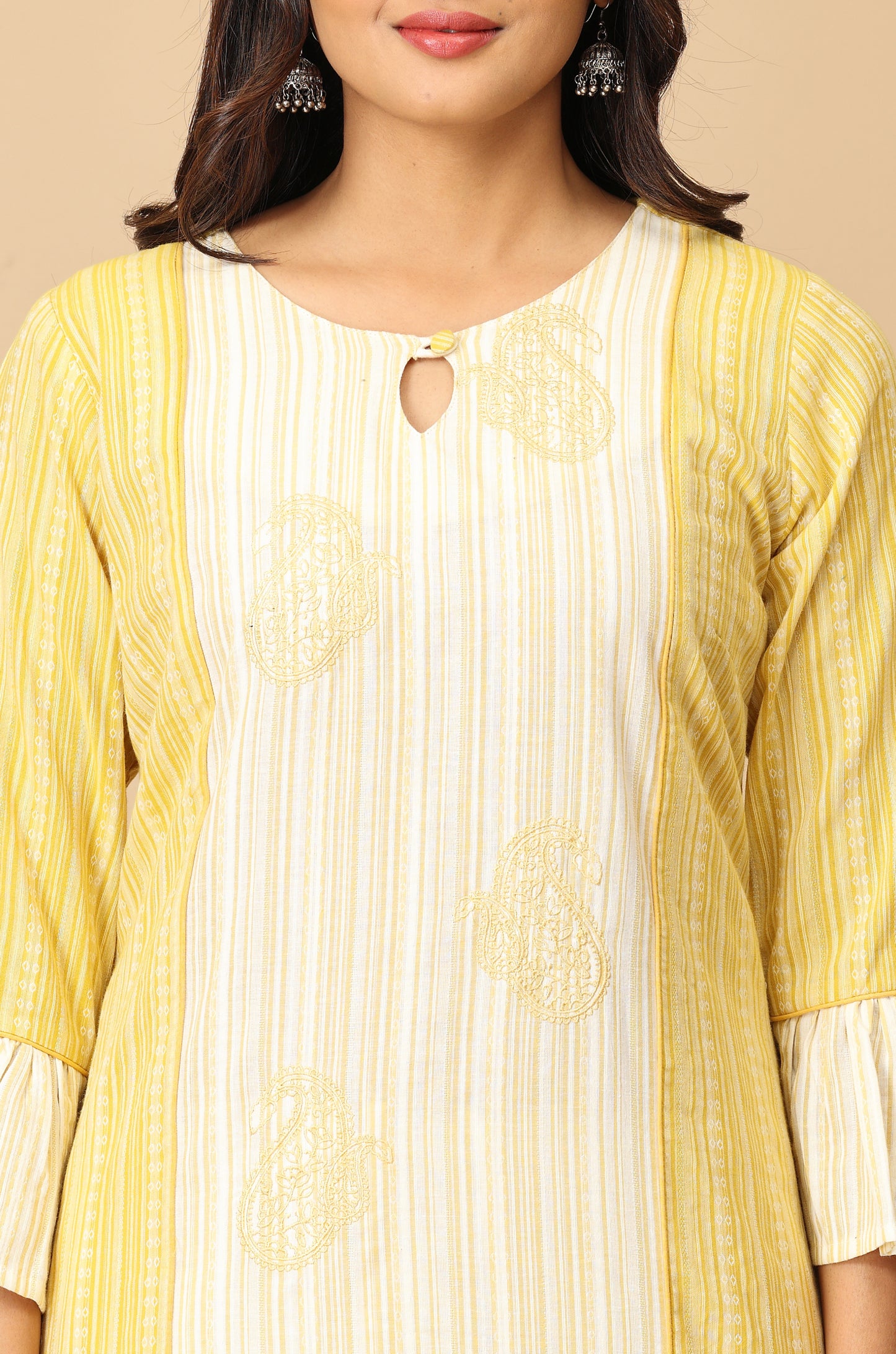 Lemon Cotton Dobby Bell Sleeve Straight Kurti