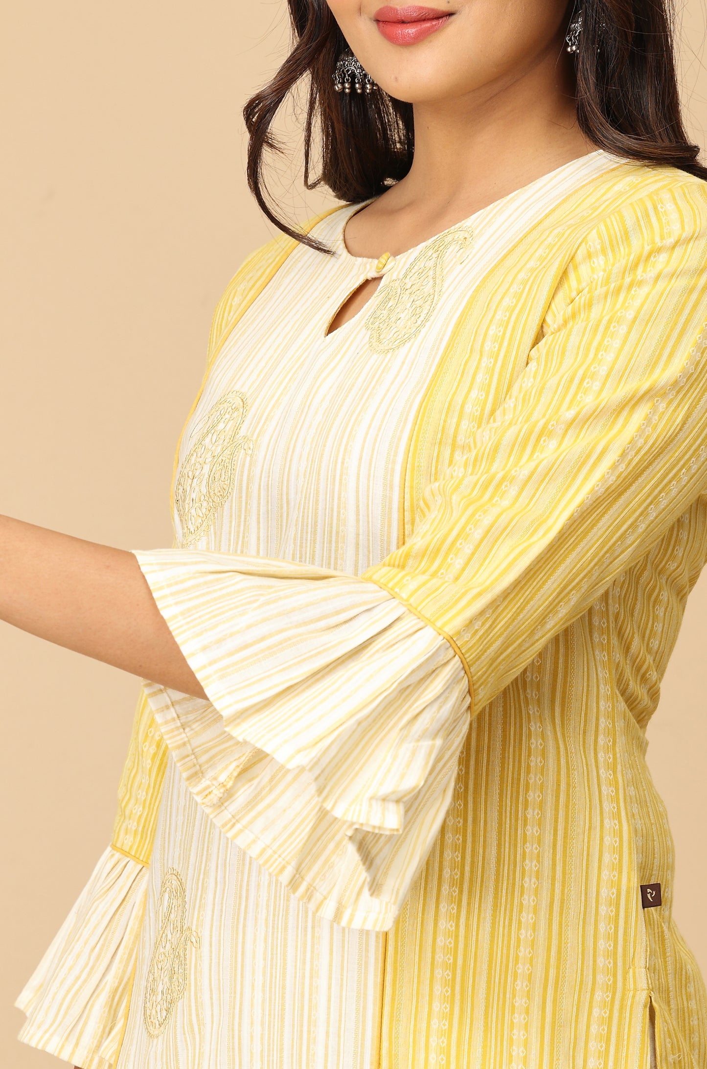 Lemon Cotton Dobby Bell Sleeve Straight Kurti