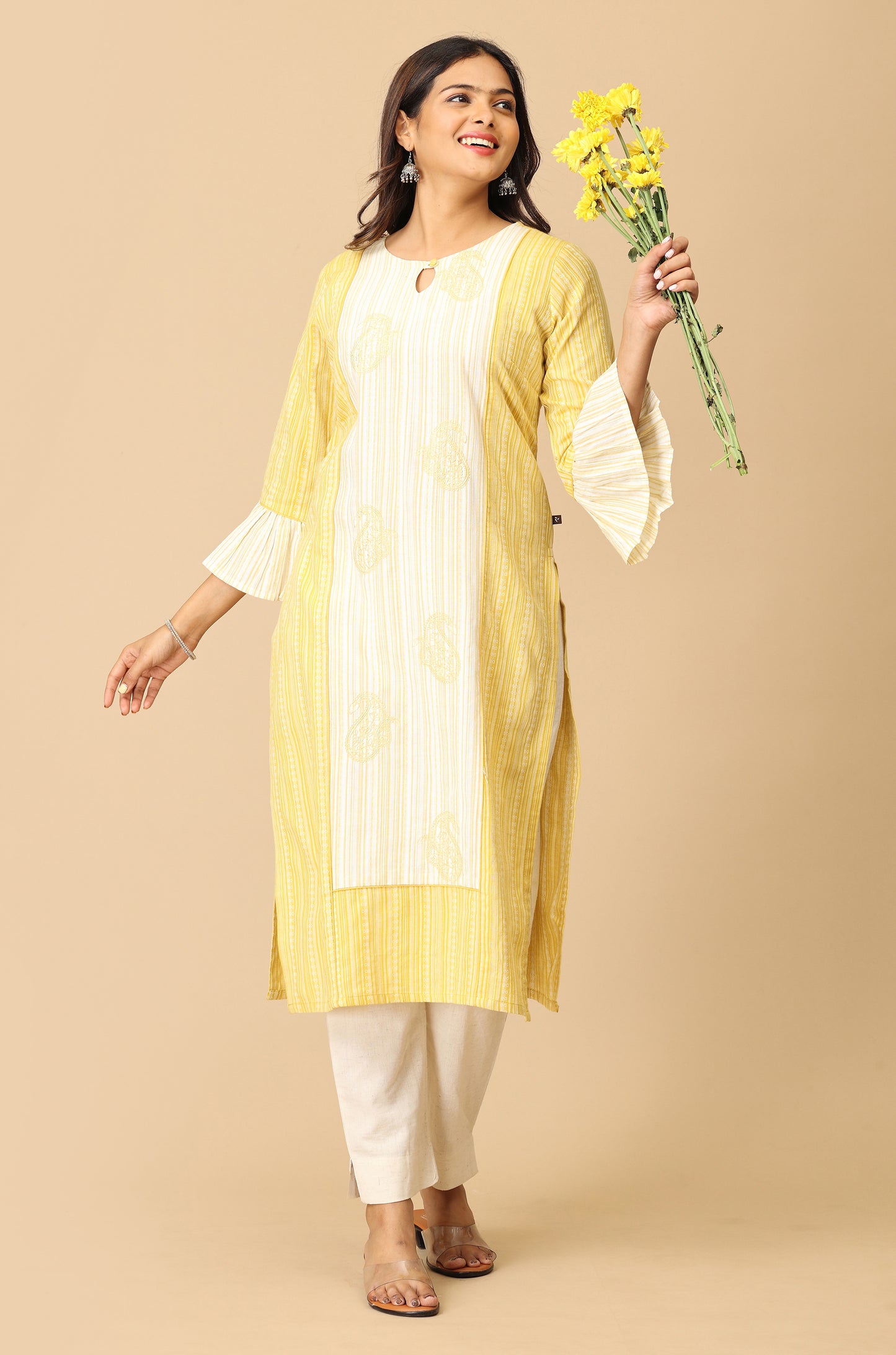 Lemon Cotton Dobby Bell Sleeve Straight Kurti