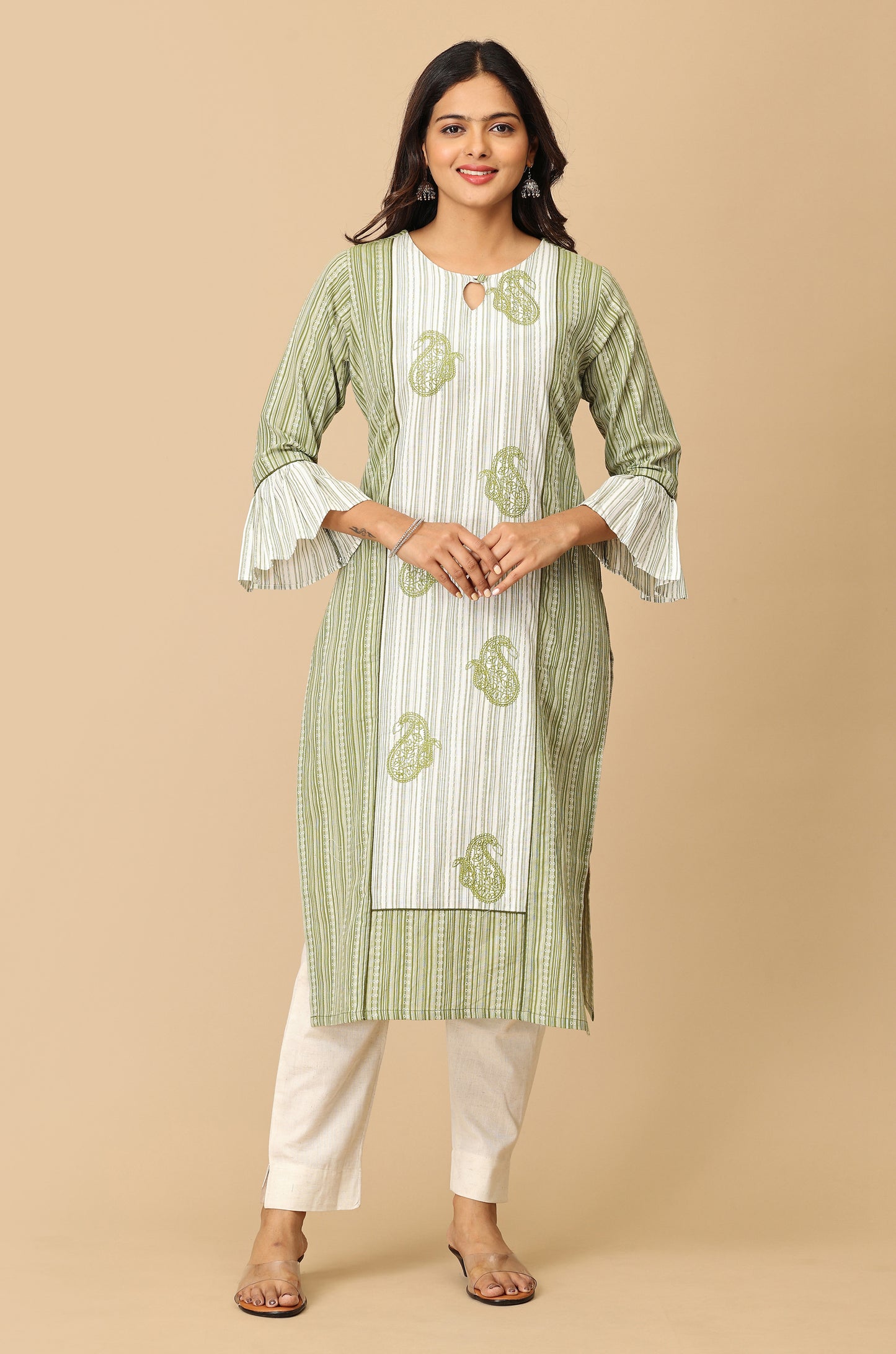 Green Cotton Dobby Bell Sleeve Straight Kurti