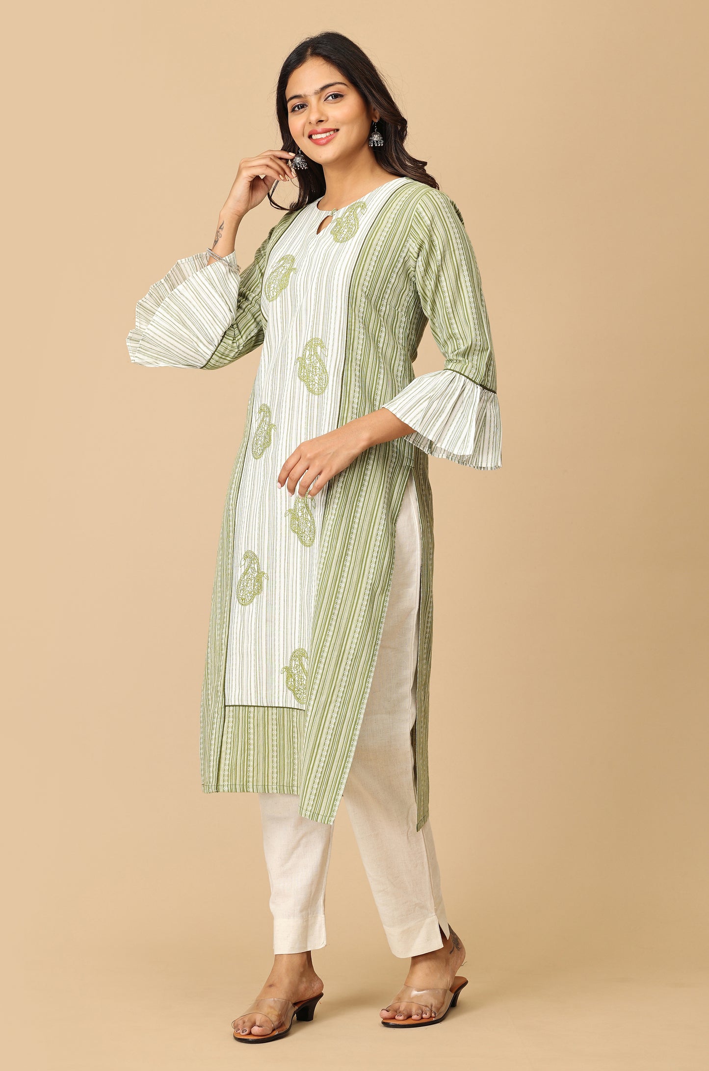 Green Cotton Dobby Bell Sleeve Straight Kurti