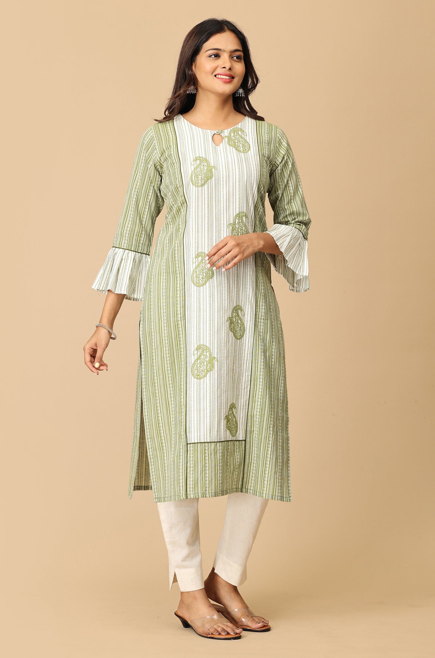 Green Cotton Dobby Bell Sleeve Straight Kurti